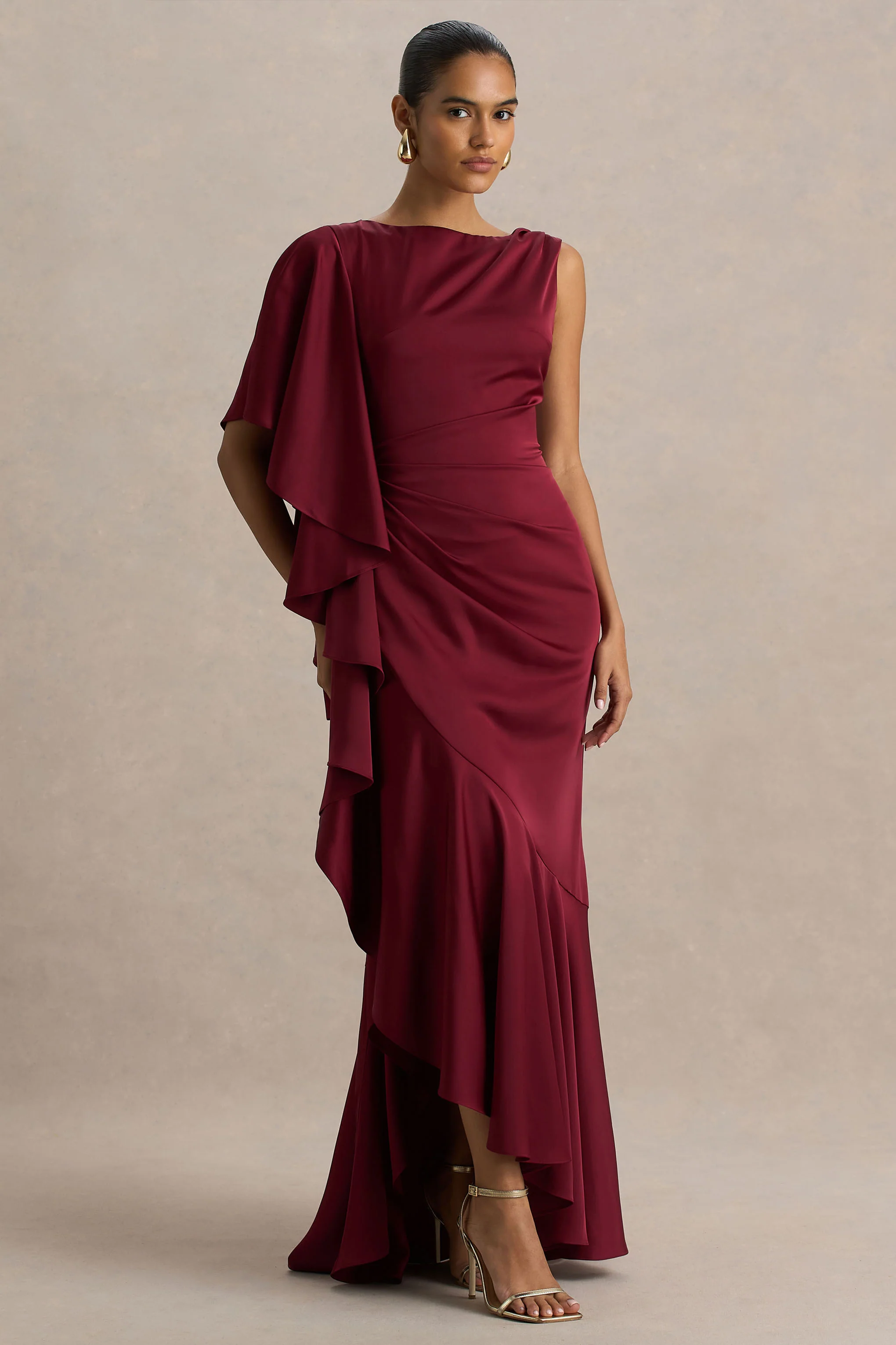 Rosy | Burgundy Satin Boat-Neck Maxi Dress With Front Split And Ruffled Detailing - Image 4