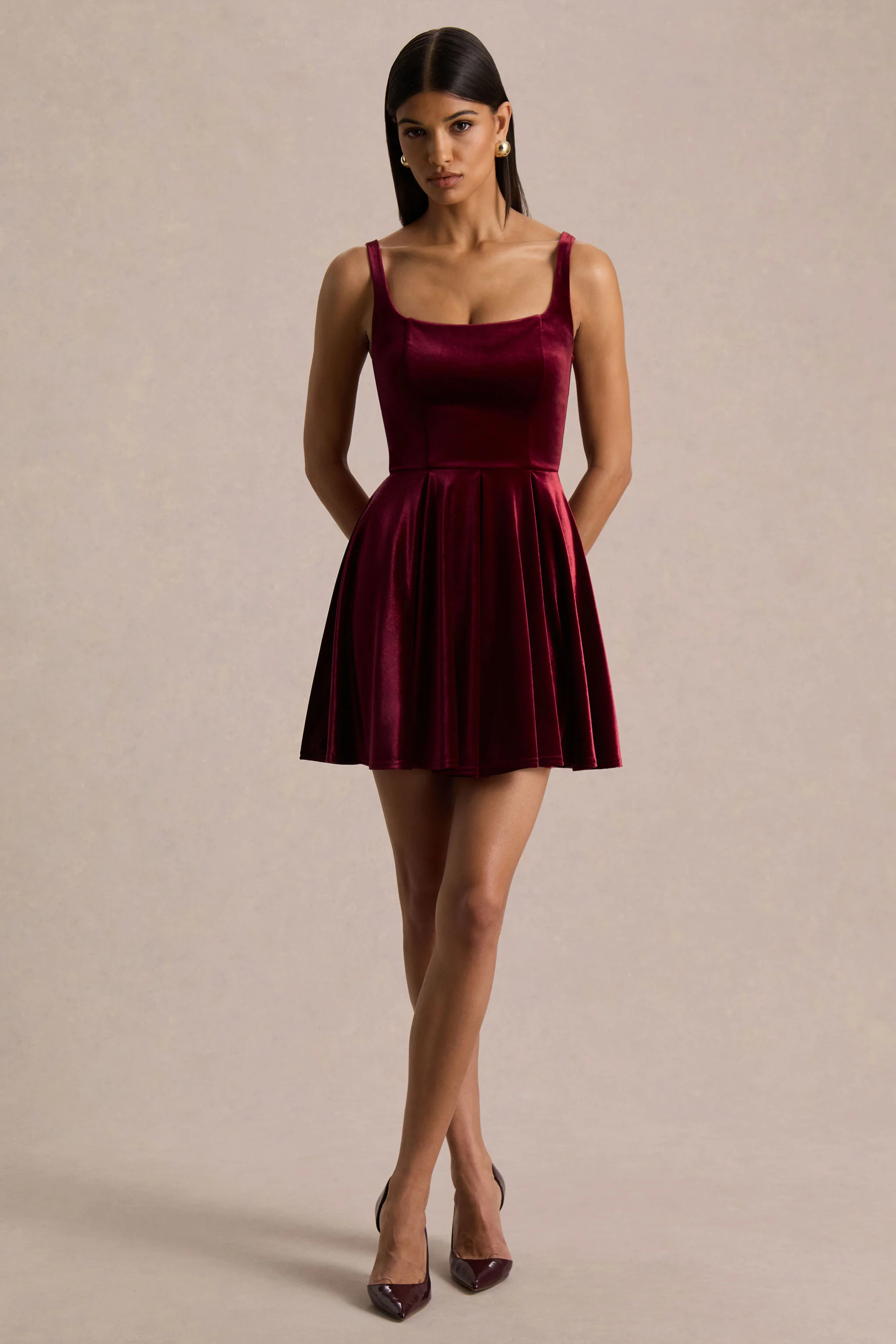 Roxanne | Burgundy Velvet Square-Neck Mini Dress - Image 4