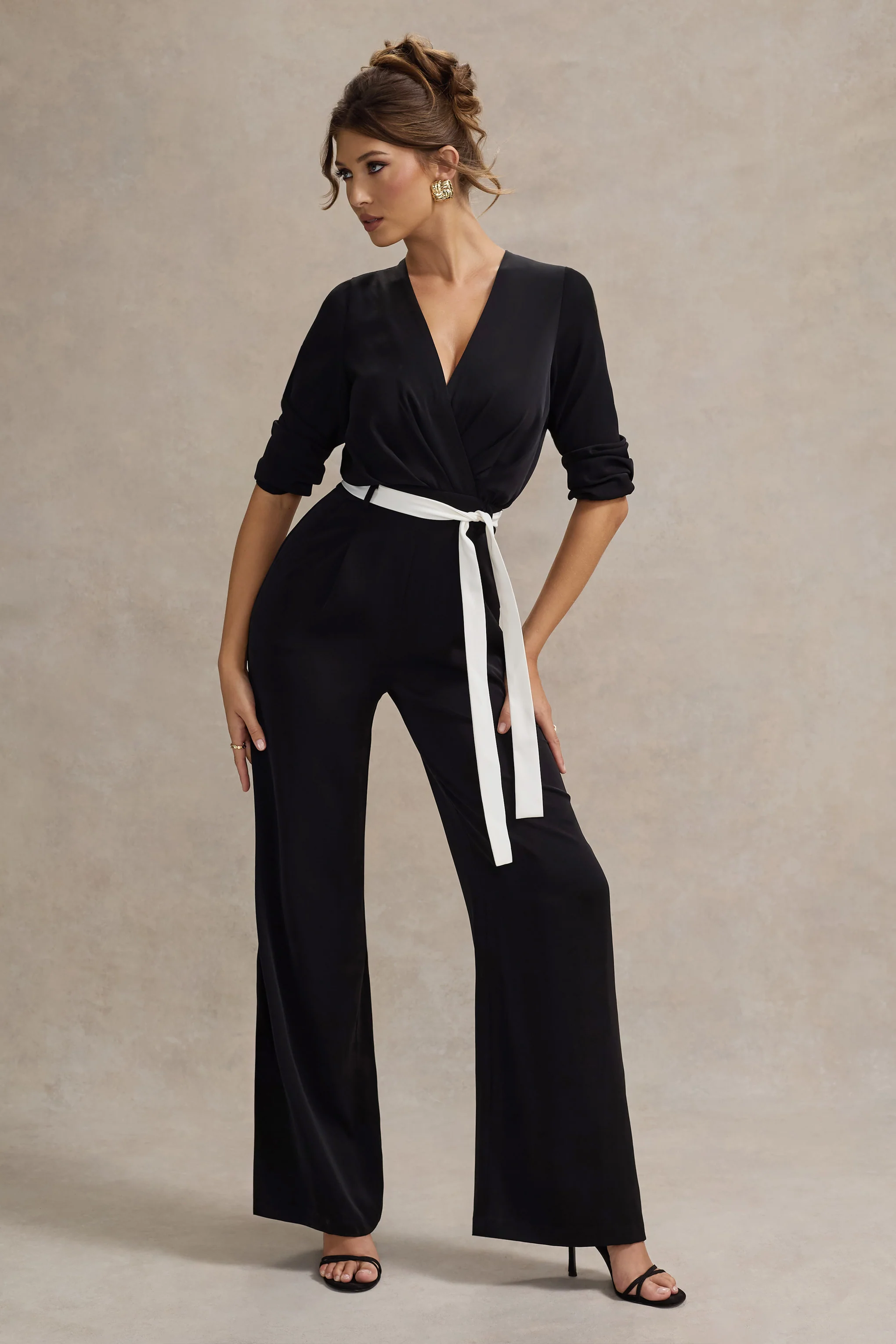 Ruba | Black Tailored Plunge Jumpsuit With Tie Waist - Image 4