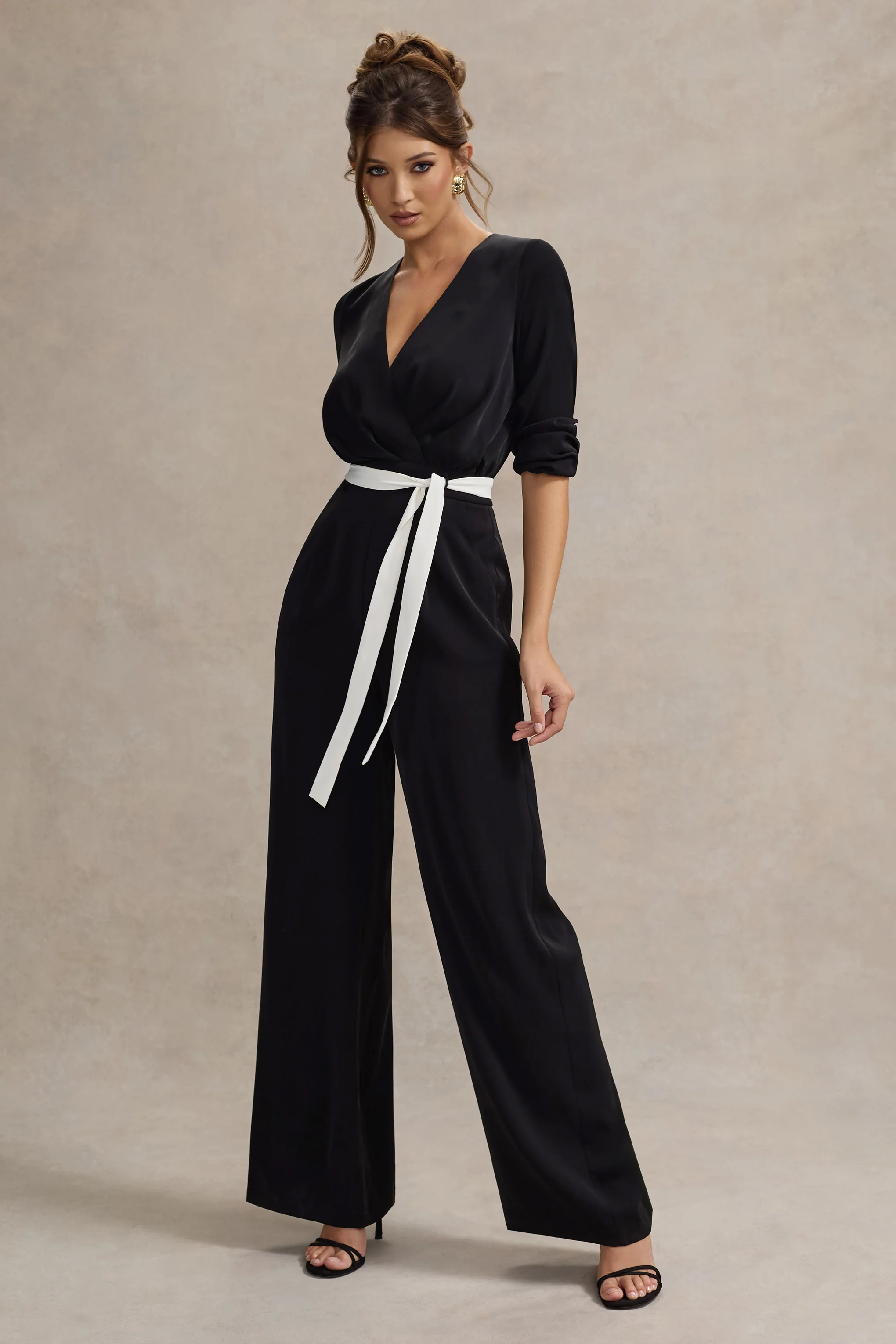 Ruba | Black Tailored Plunge Jumpsuit With Tie Waist - Image 5