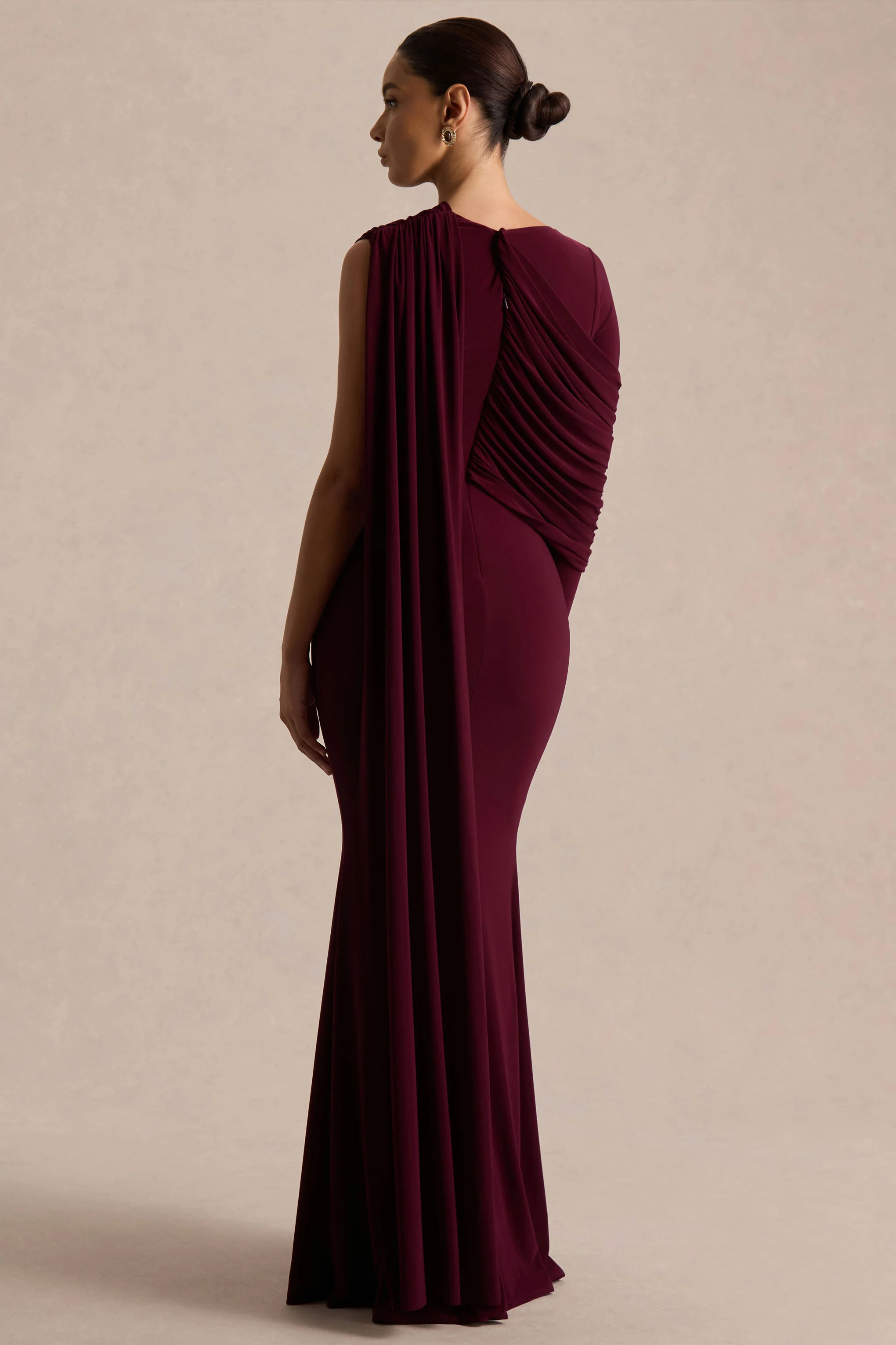 Rubelle | Burgundy Asymmetric Neck Maxi Dress With Draped Detailing - Image 2