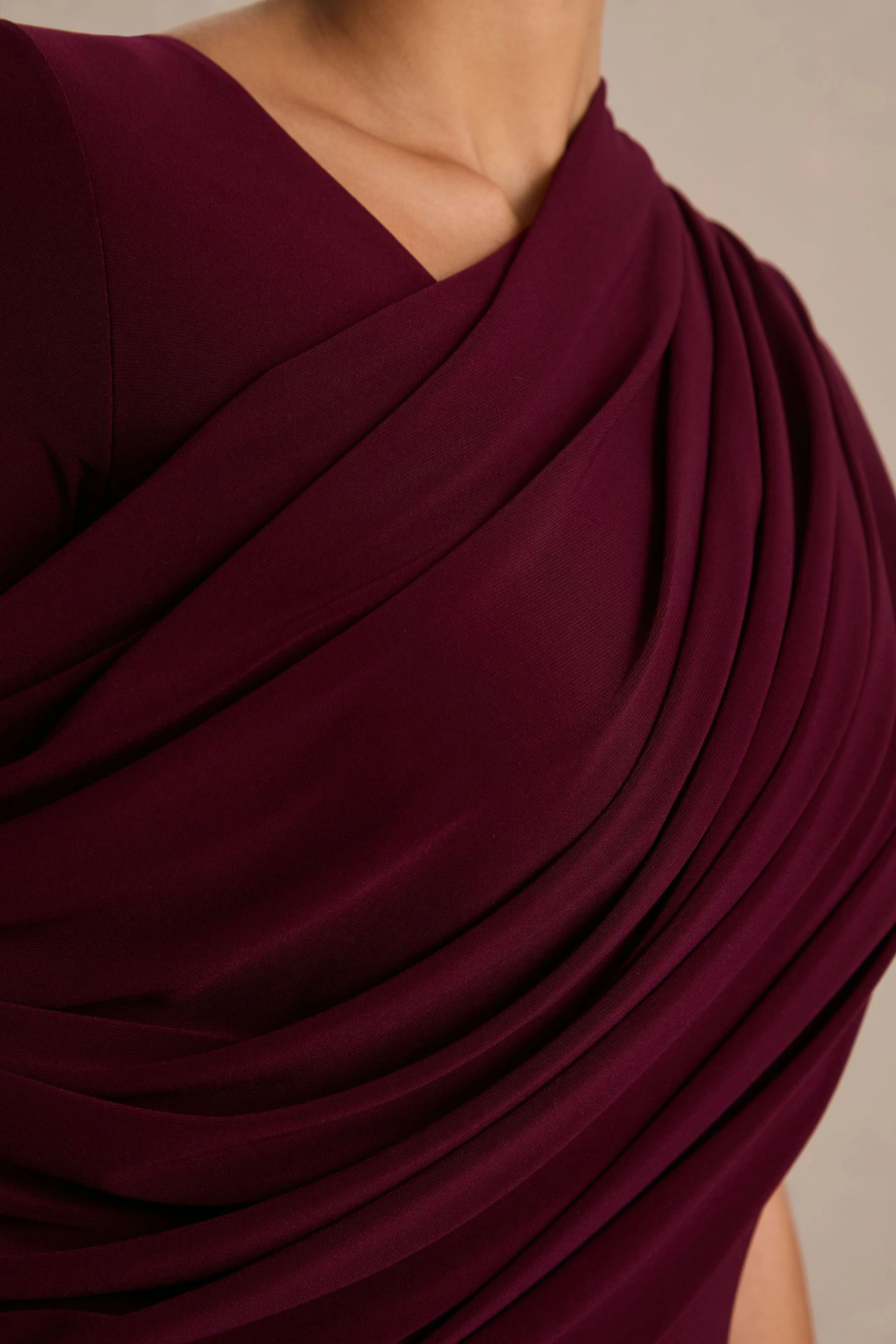 Rubelle | Burgundy Asymmetric Neck Maxi Dress With Draped Detailing - Image 6