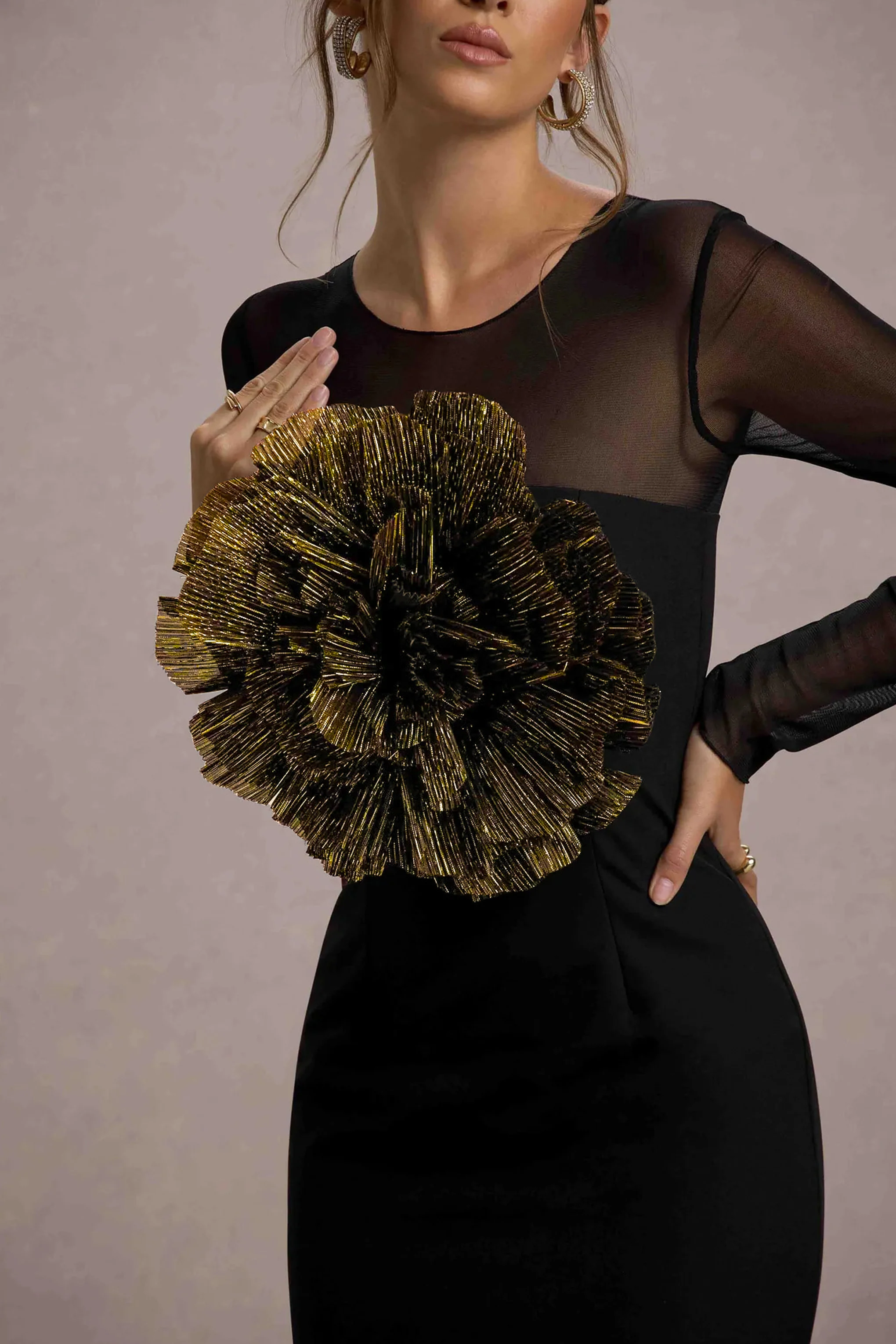 Ruchi | Black Sheer Mini Dress With Corsage Detail - Image 5