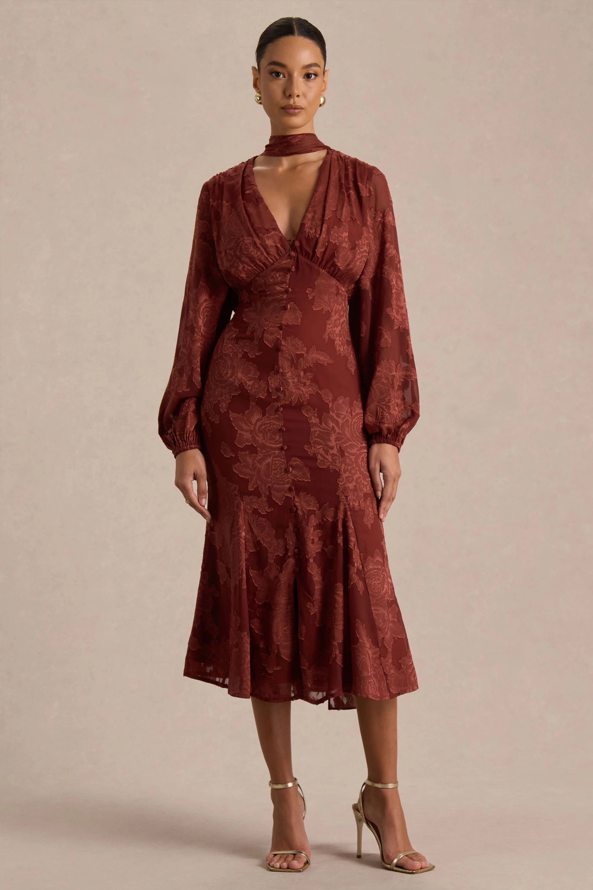 Sabina | Rust Devore Plunge-Neck Midi Dress - Image 4
