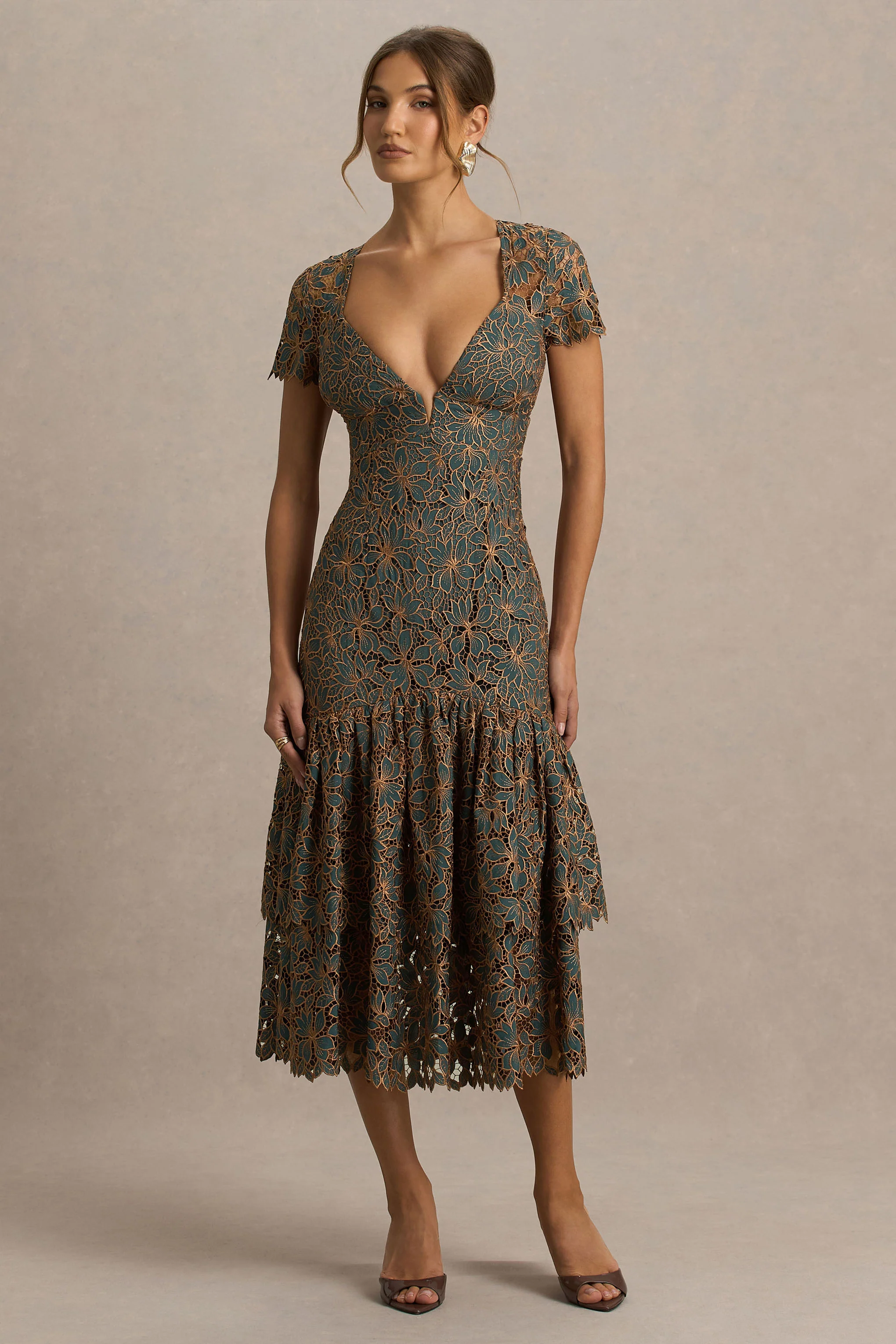 Sabrina | Dark Green And Rust Embroidered Plunge-Neck Midi Dress - Image 4