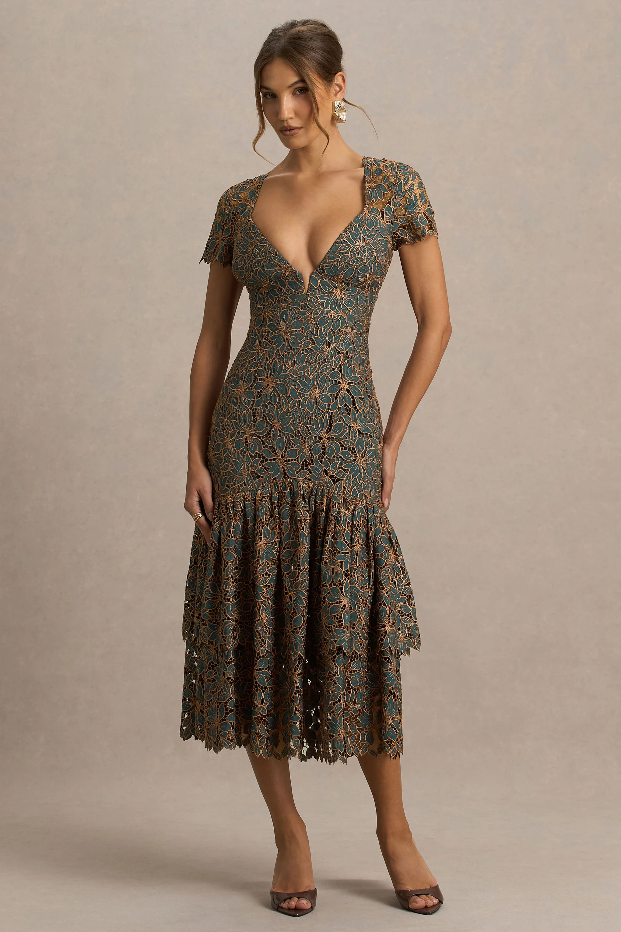 Sabrina | Dark Green And Rust Embroidered Plunge-Neck Midi Dress - Image 5