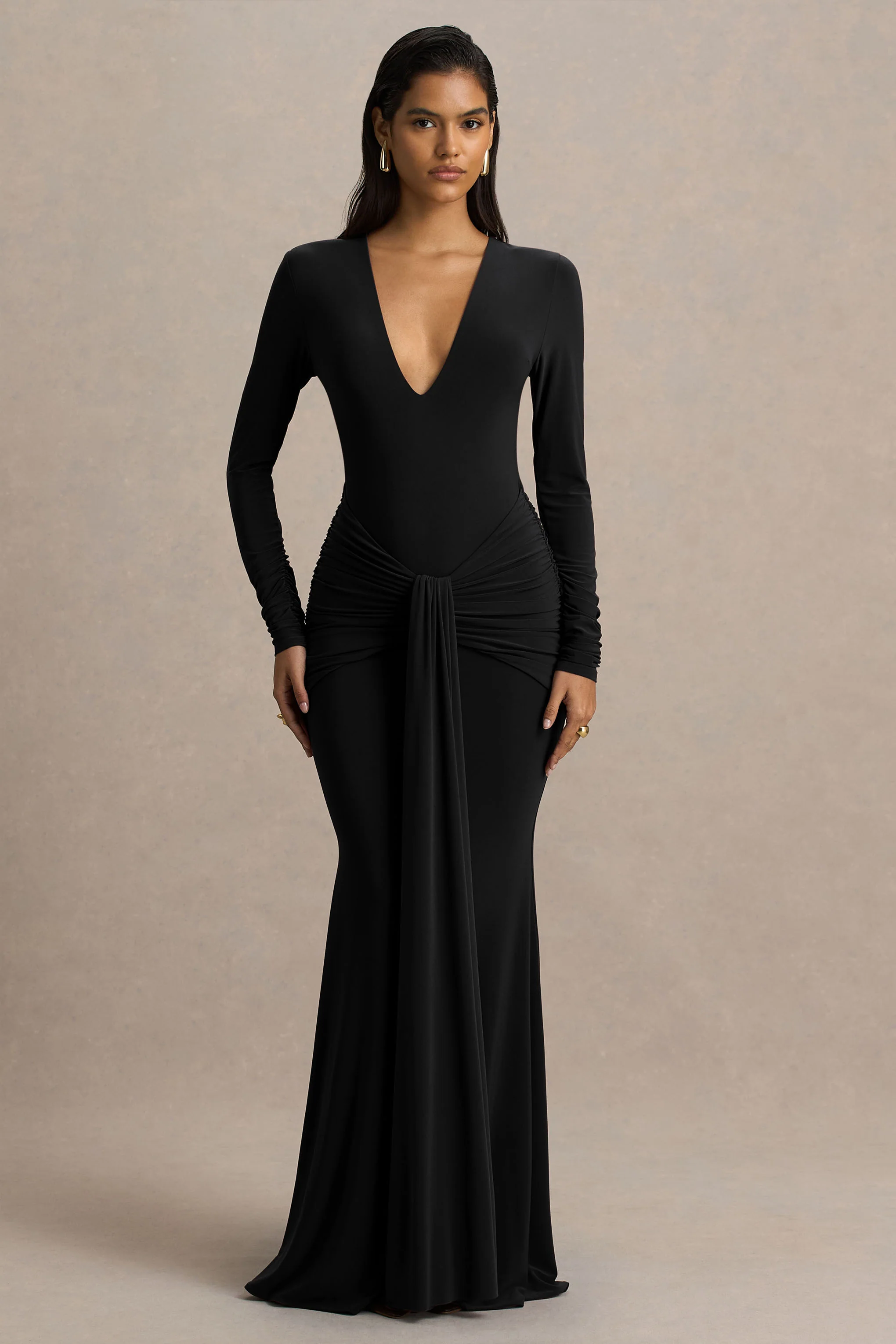 Saffie | Black Extreme-Plunge Wrap Maxi Dress With Long-Sleeves And Ruched Detailing - Image 5