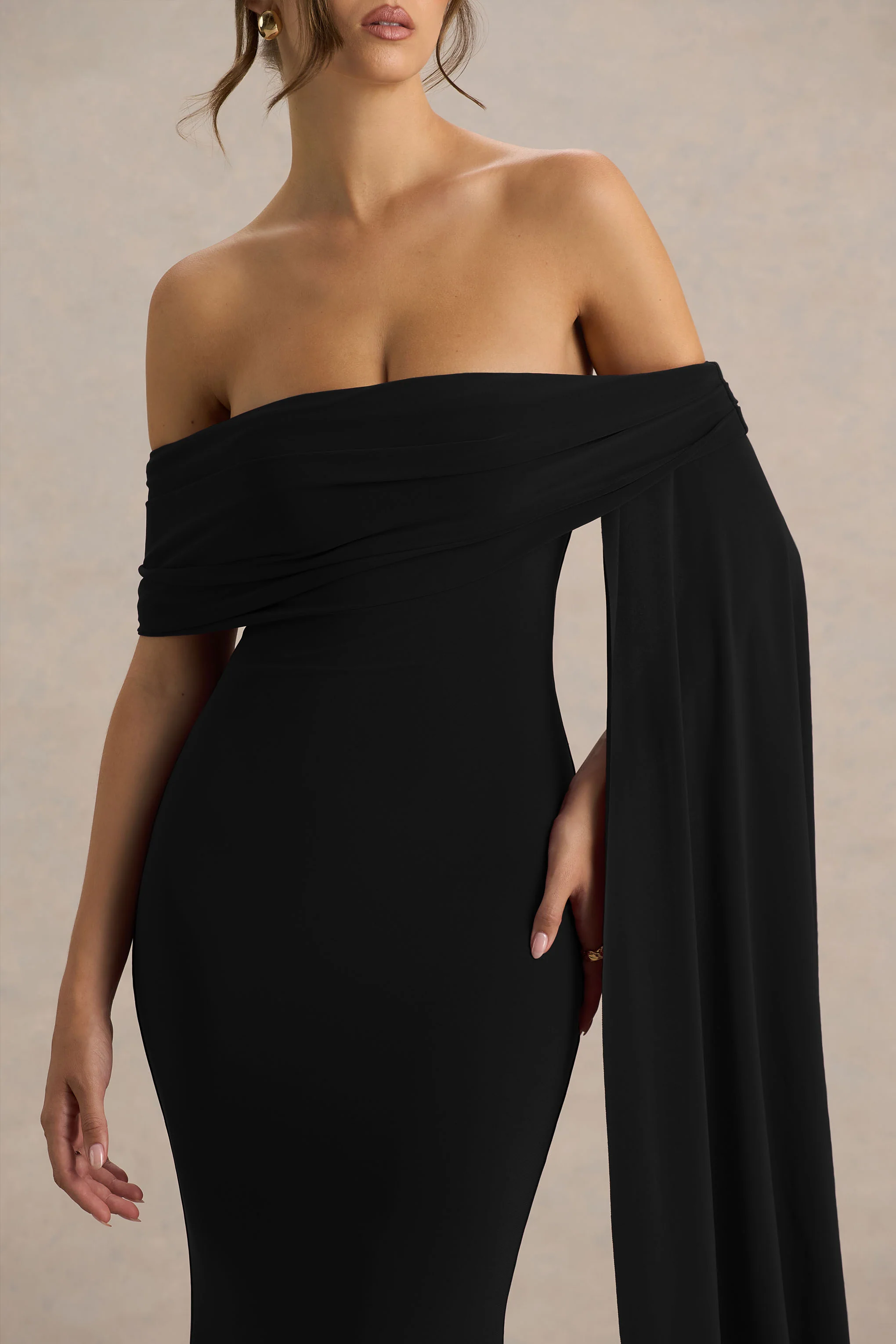Saffina | Black Bardot-Neck Maxi Dress With Sash Detail - Image 3