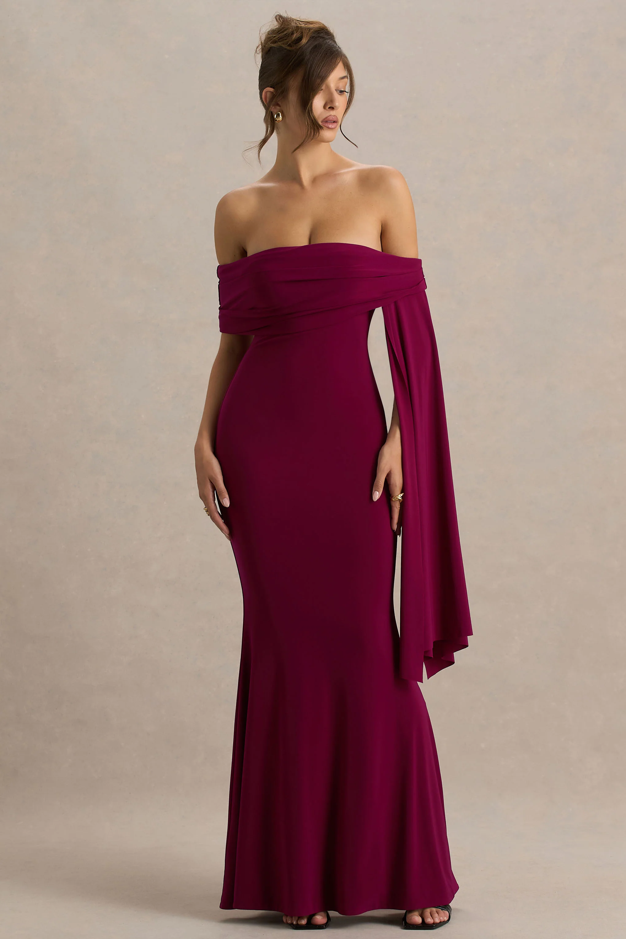 Saffina | Burgundy Bardot-Neck Maxi Dress With Sash Detail - Image 4