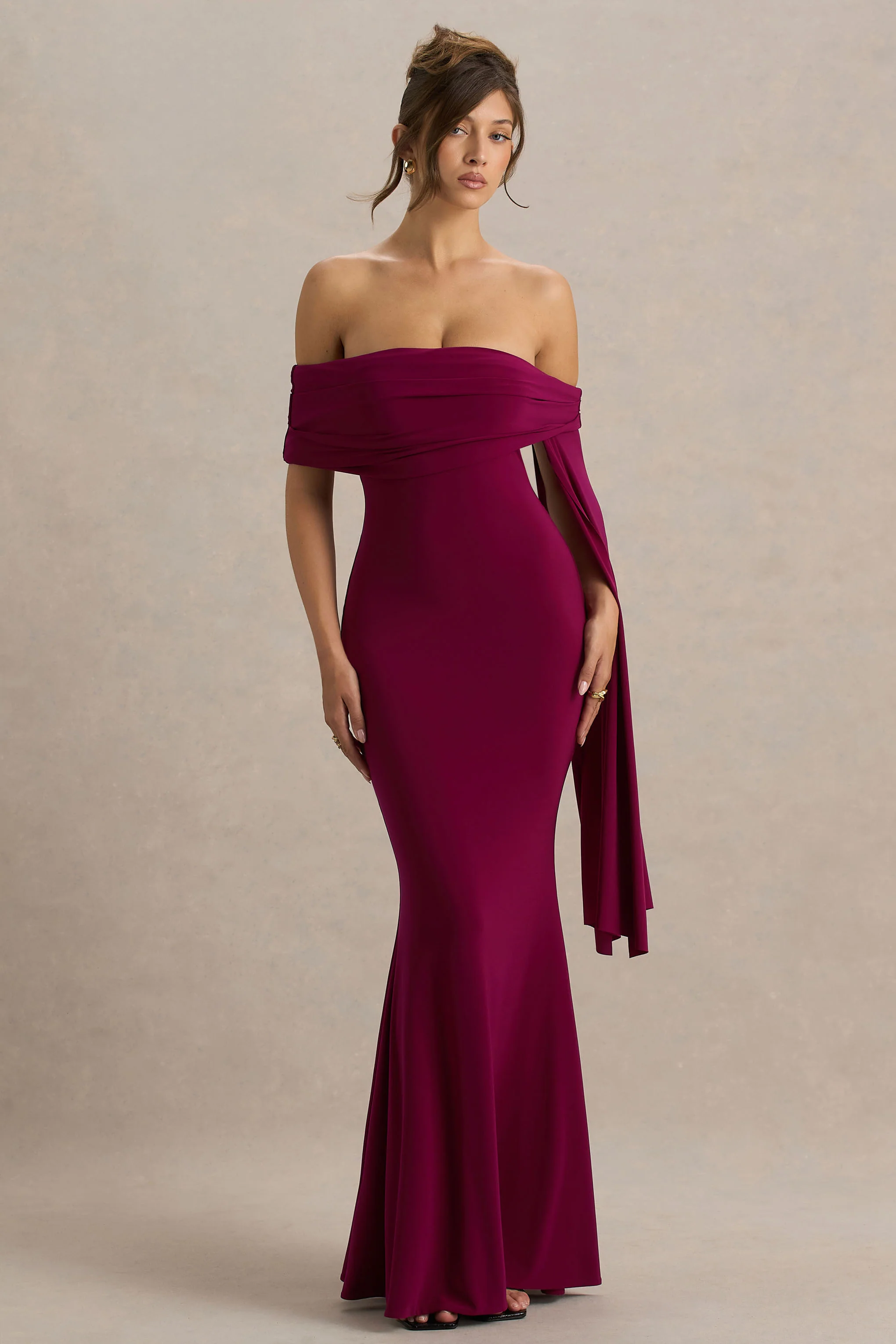 Saffina | Burgundy Bardot-Neck Maxi Dress With Sash Detail - Image 5