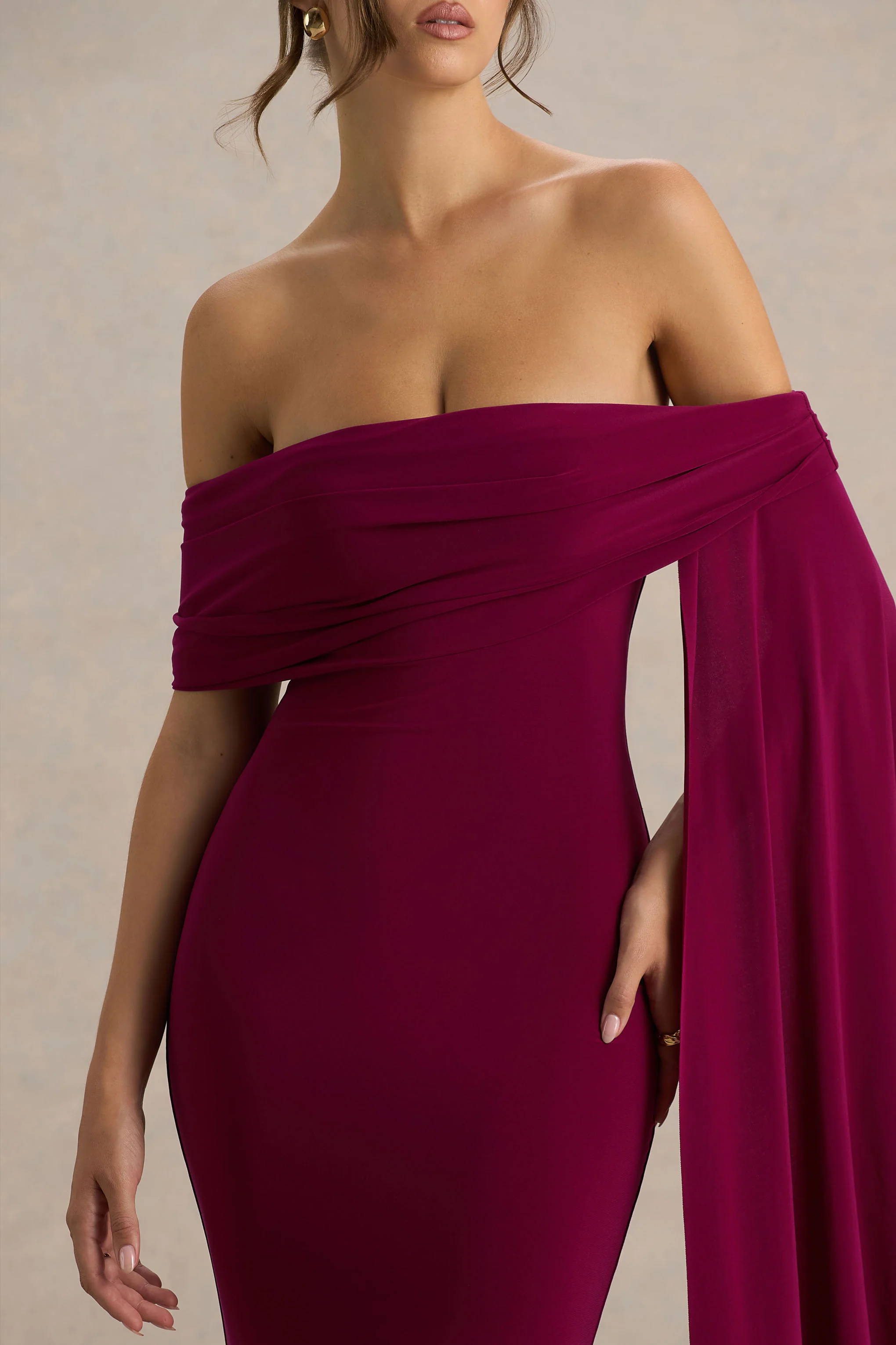 Saffina | Burgundy Bardot-Neck Maxi Dress With Sash Detail - Image 6