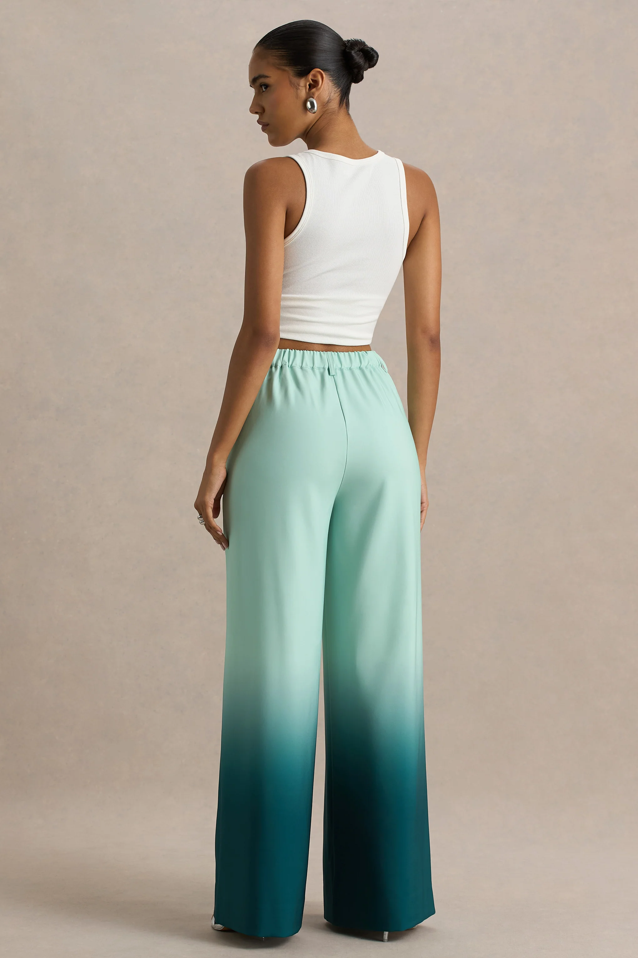 Safia | Emerald Ombre Satin Wide-Leg Trousers - Image 2