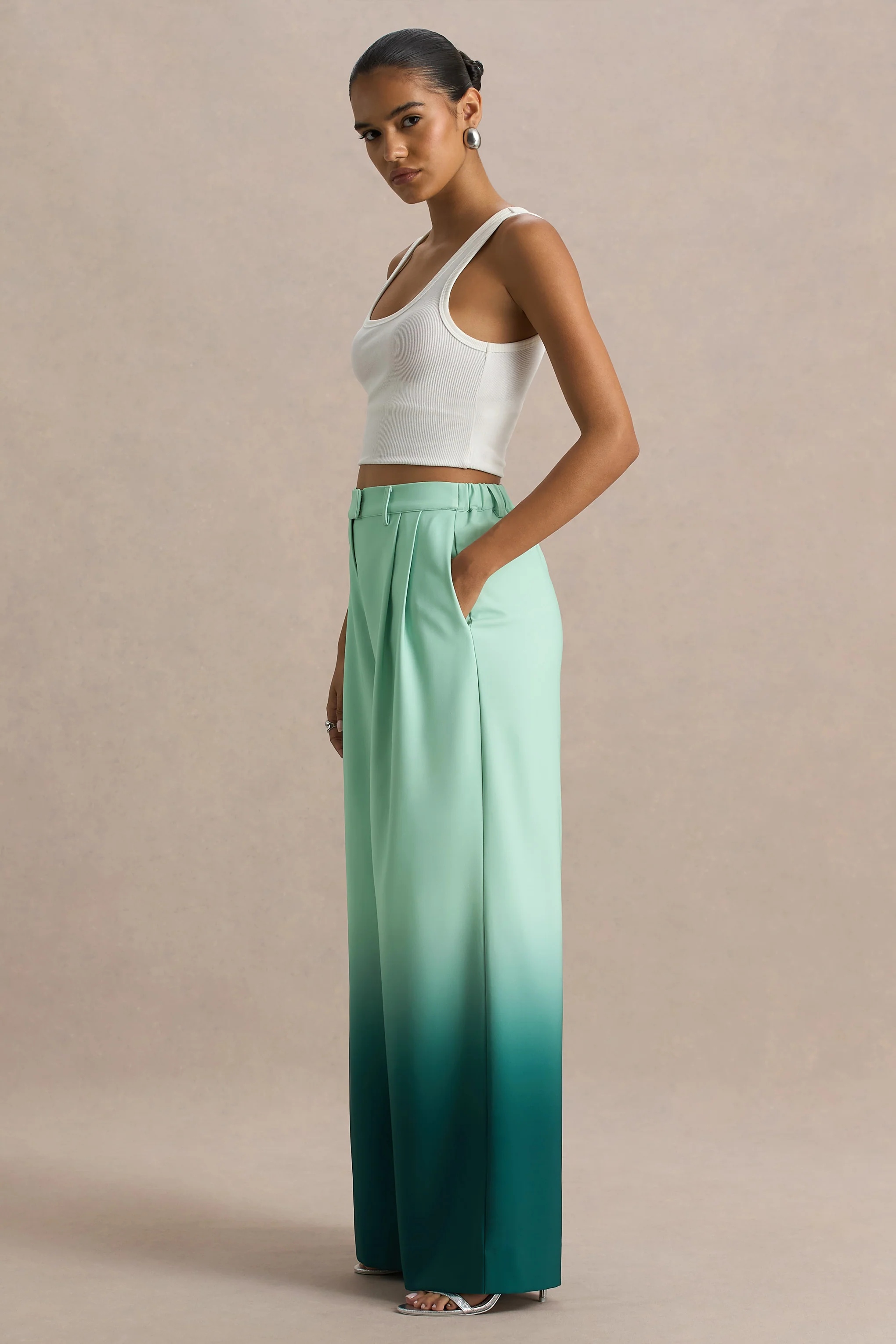 Safia | Emerald Ombre Satin Wide-Leg Trousers - Image 3