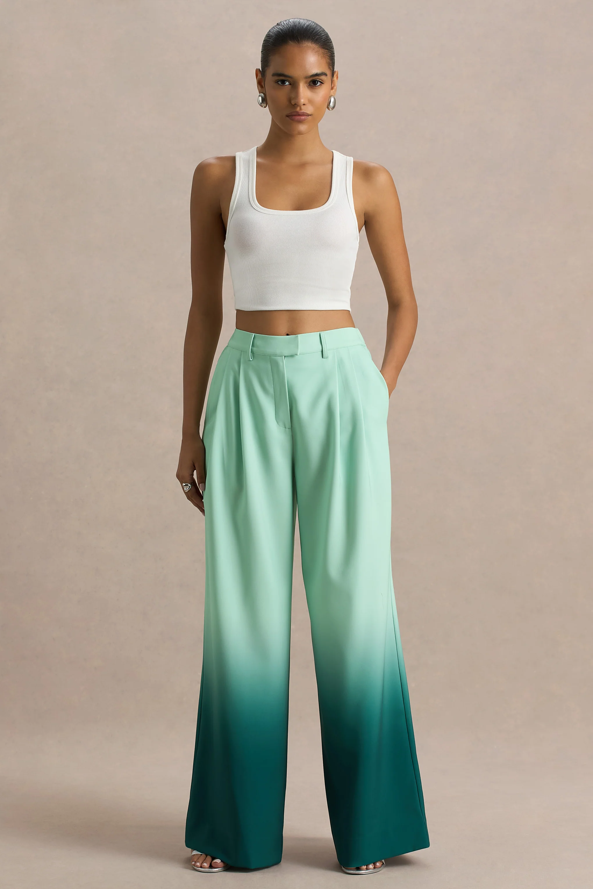 Safia | Emerald Ombre Satin Wide-Leg Trousers - Image 4