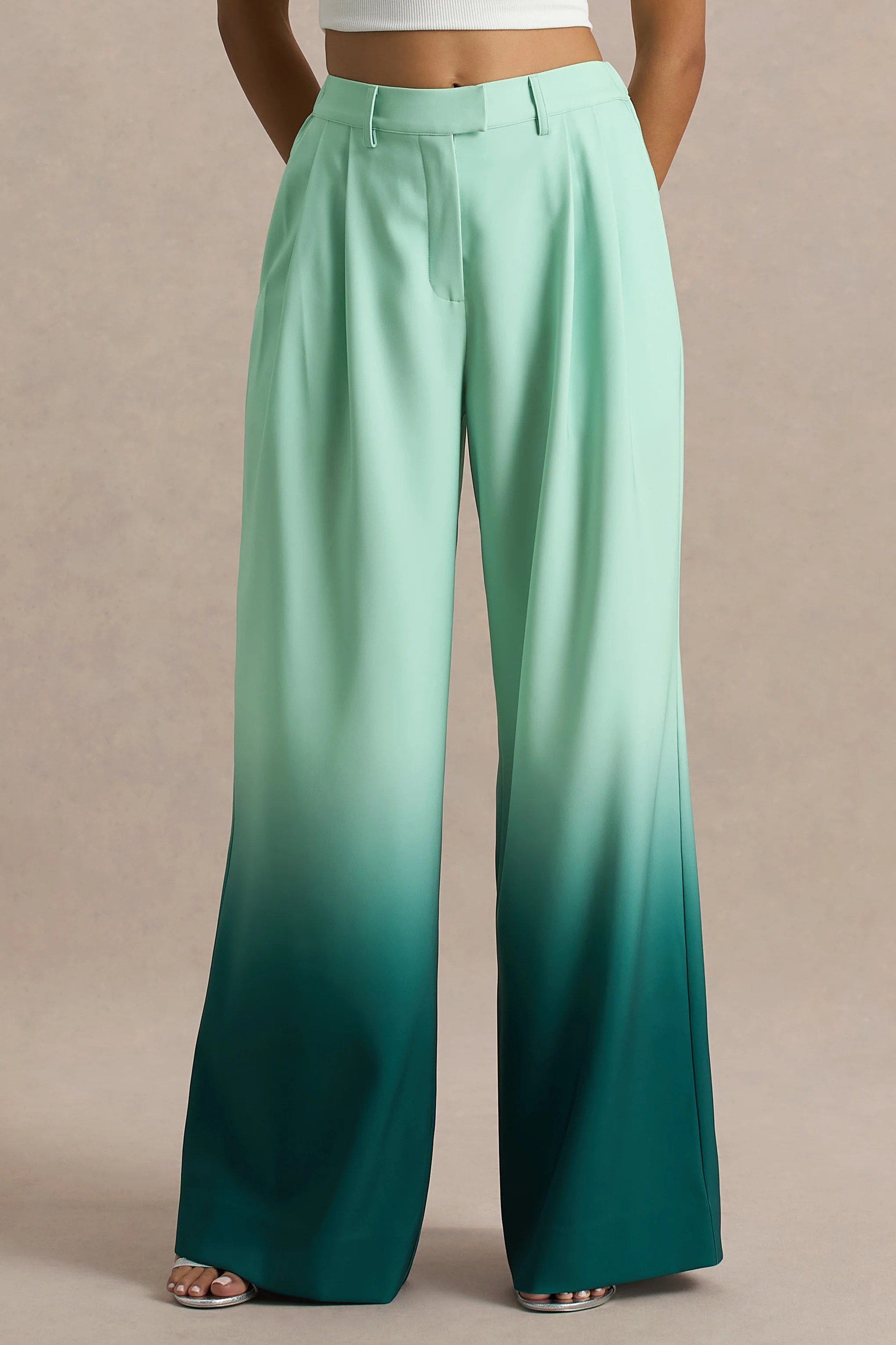 Safia | Emerald Ombre Satin Wide-Leg Trousers - Image 5