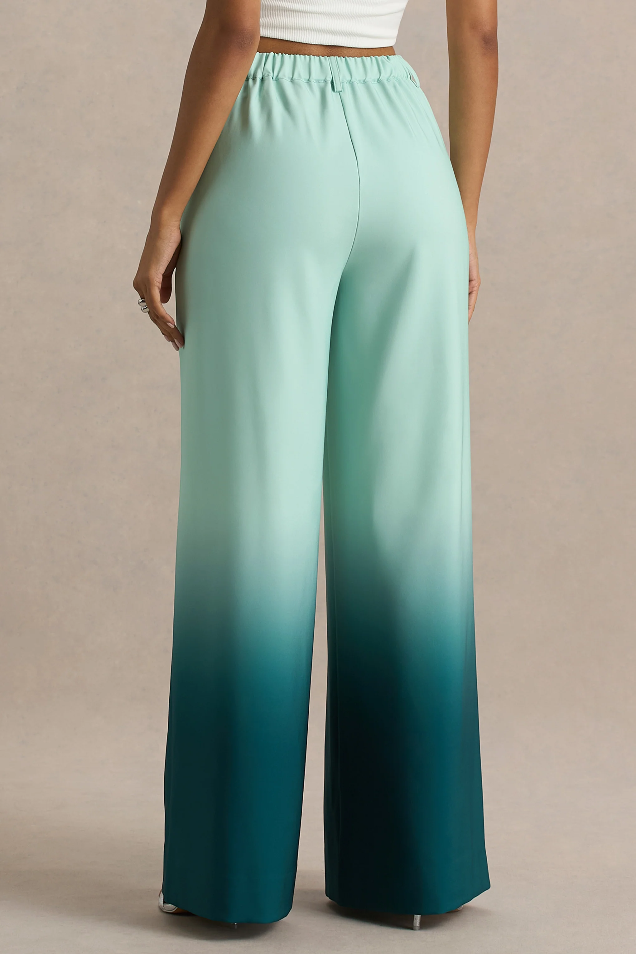 Safia | Emerald Ombre Satin Wide-Leg Trousers - Image 6
