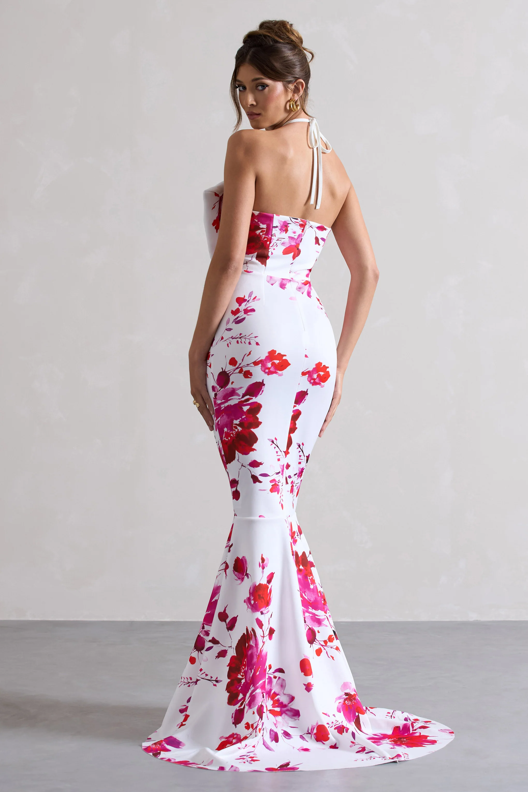 Sakura | Pink Floral Print Halter-Neck Fishtail Maxi Dress With Bow - Image 2