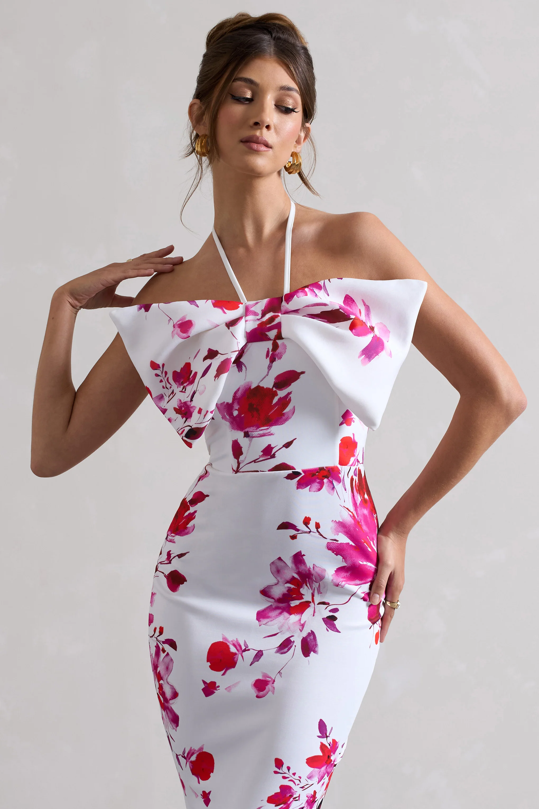 Sakura | Pink Floral Print Halter-Neck Fishtail Maxi Dress With Bow - Image 3