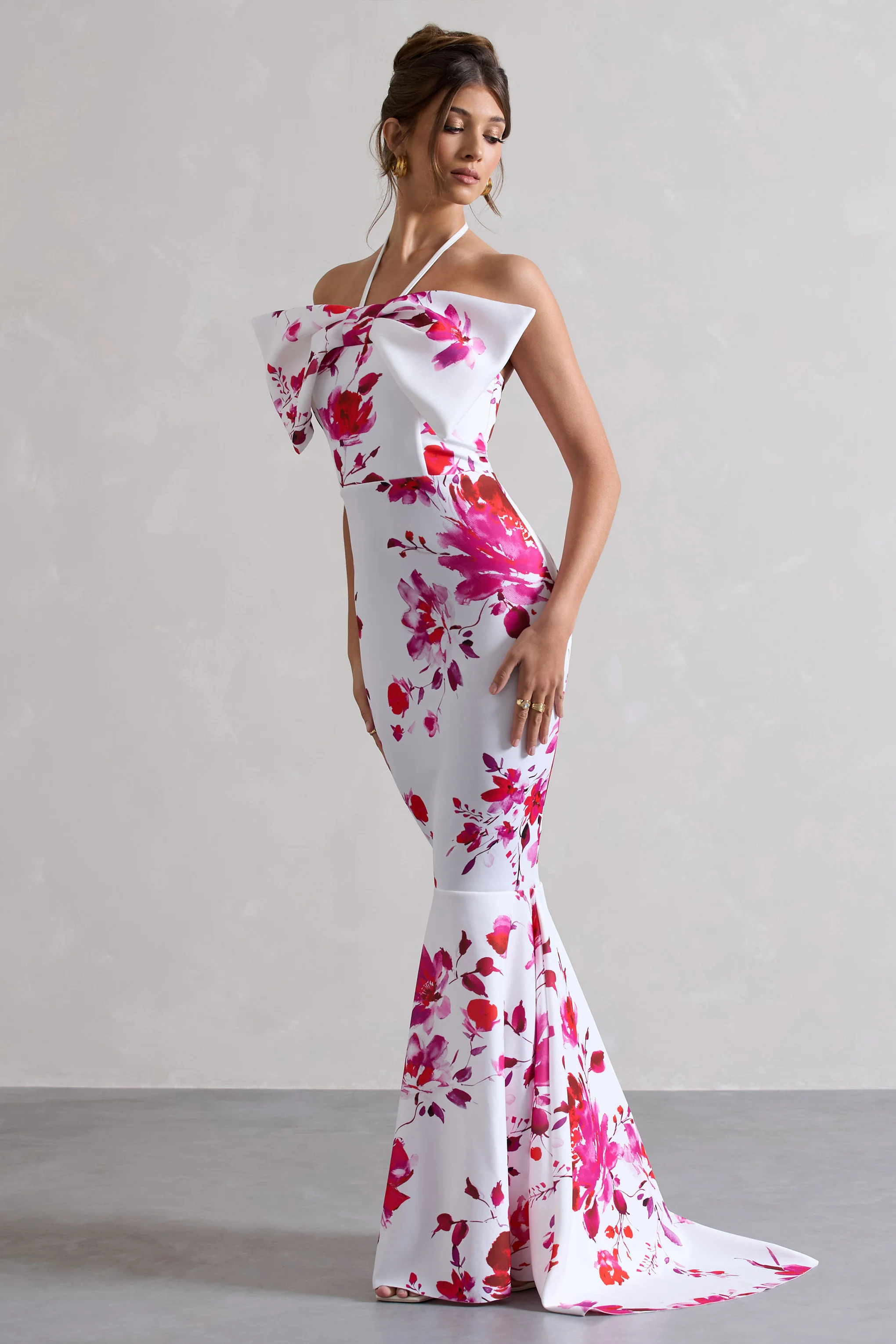Sakura | Pink Floral Print Halter-Neck Fishtail Maxi Dress With Bow - Image 5