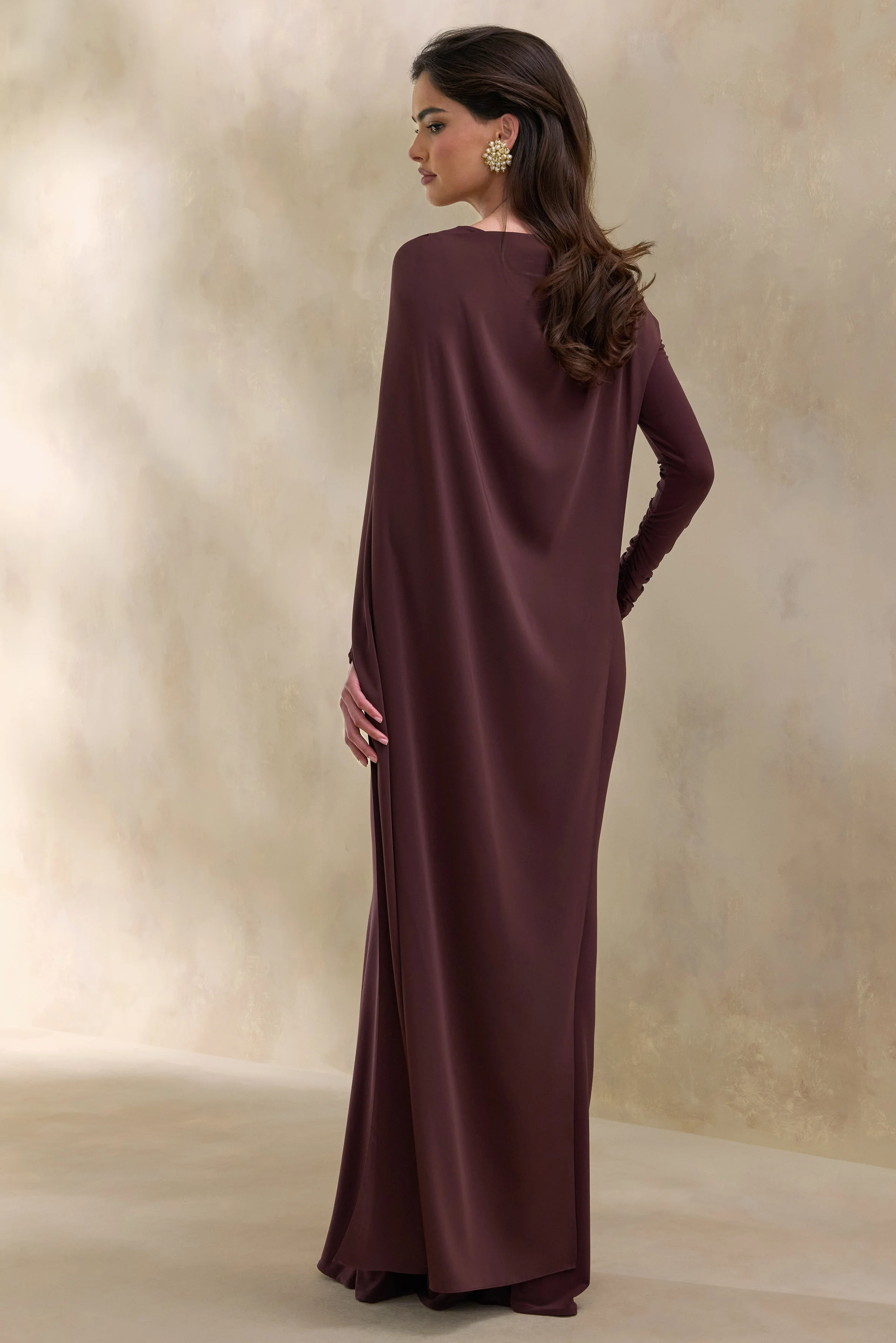 Salenne | Brown Wide-Neck Maxi Dress With Satin Asymmetric-Cape - Image 2
