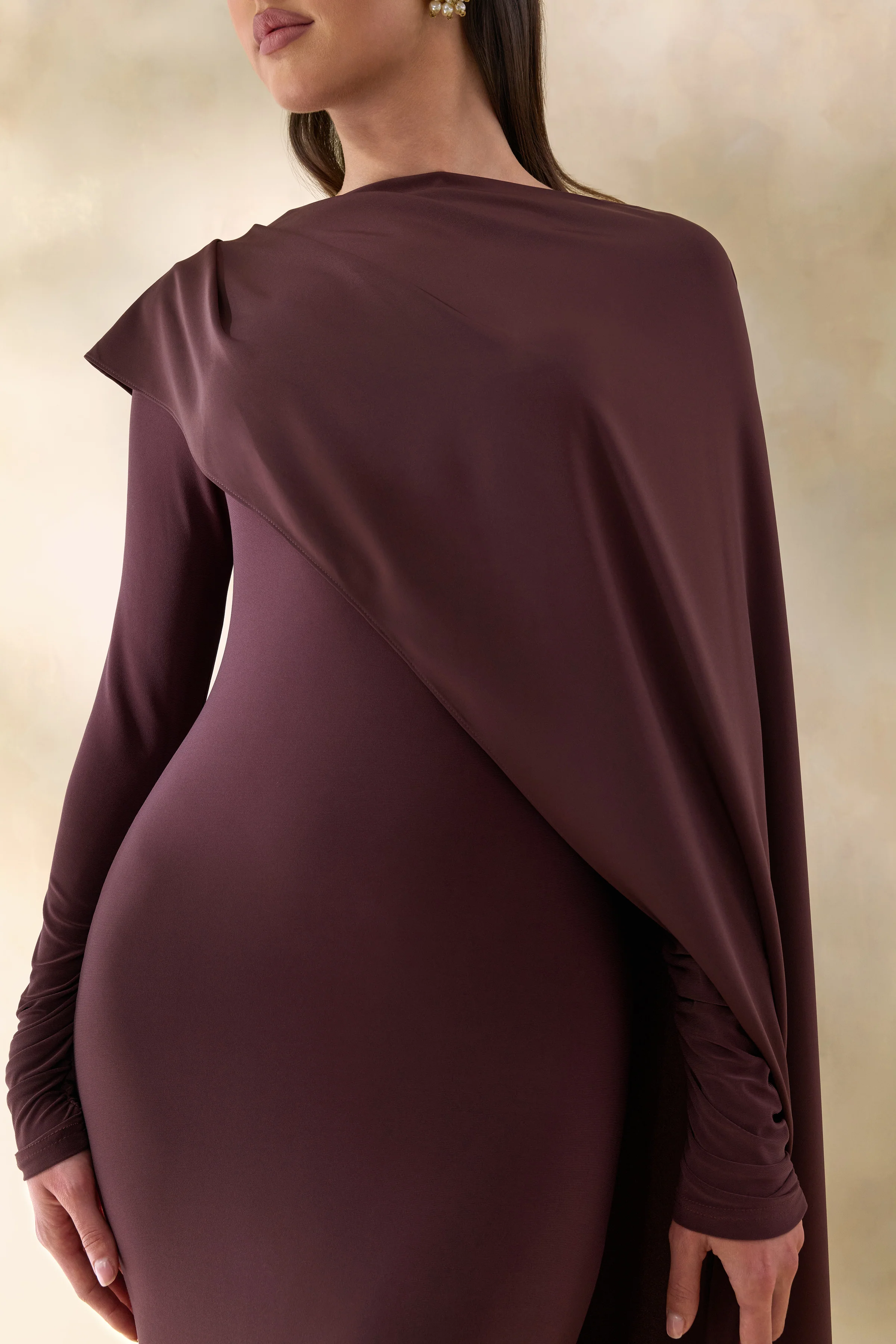 Salenne | Brown Wide-Neck Maxi Dress With Satin Asymmetric-Cape - Image 3