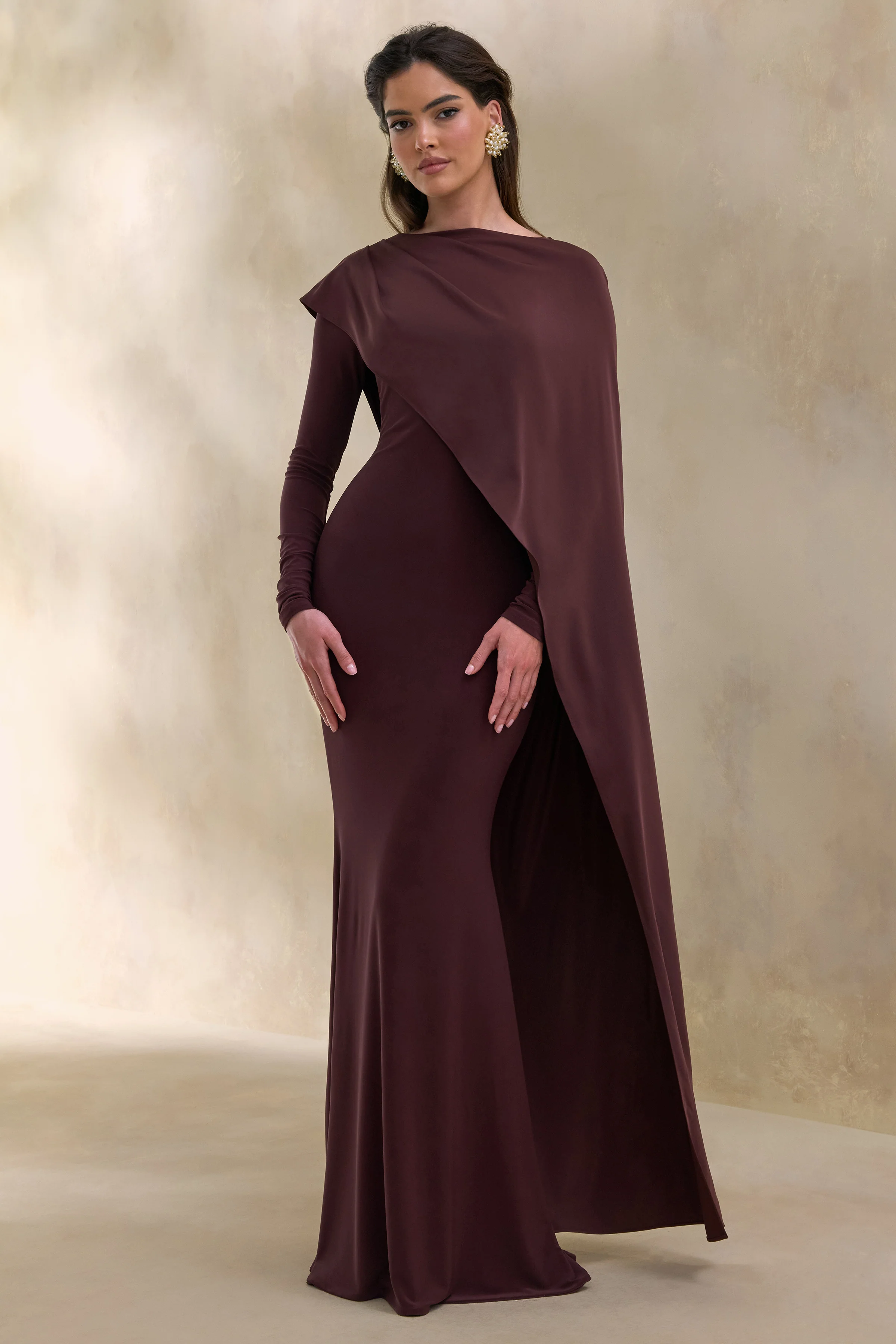 Salenne | Brown Wide-Neck Maxi Dress With Satin Asymmetric-Cape - Image 6