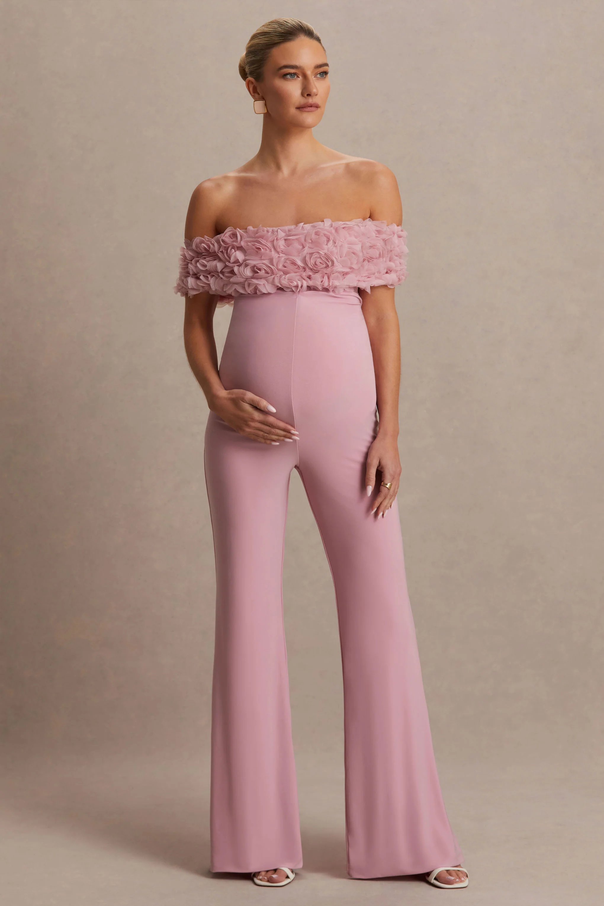 Sallow | Pink Floral Bardot Maternity Jumpsuit - Image 4