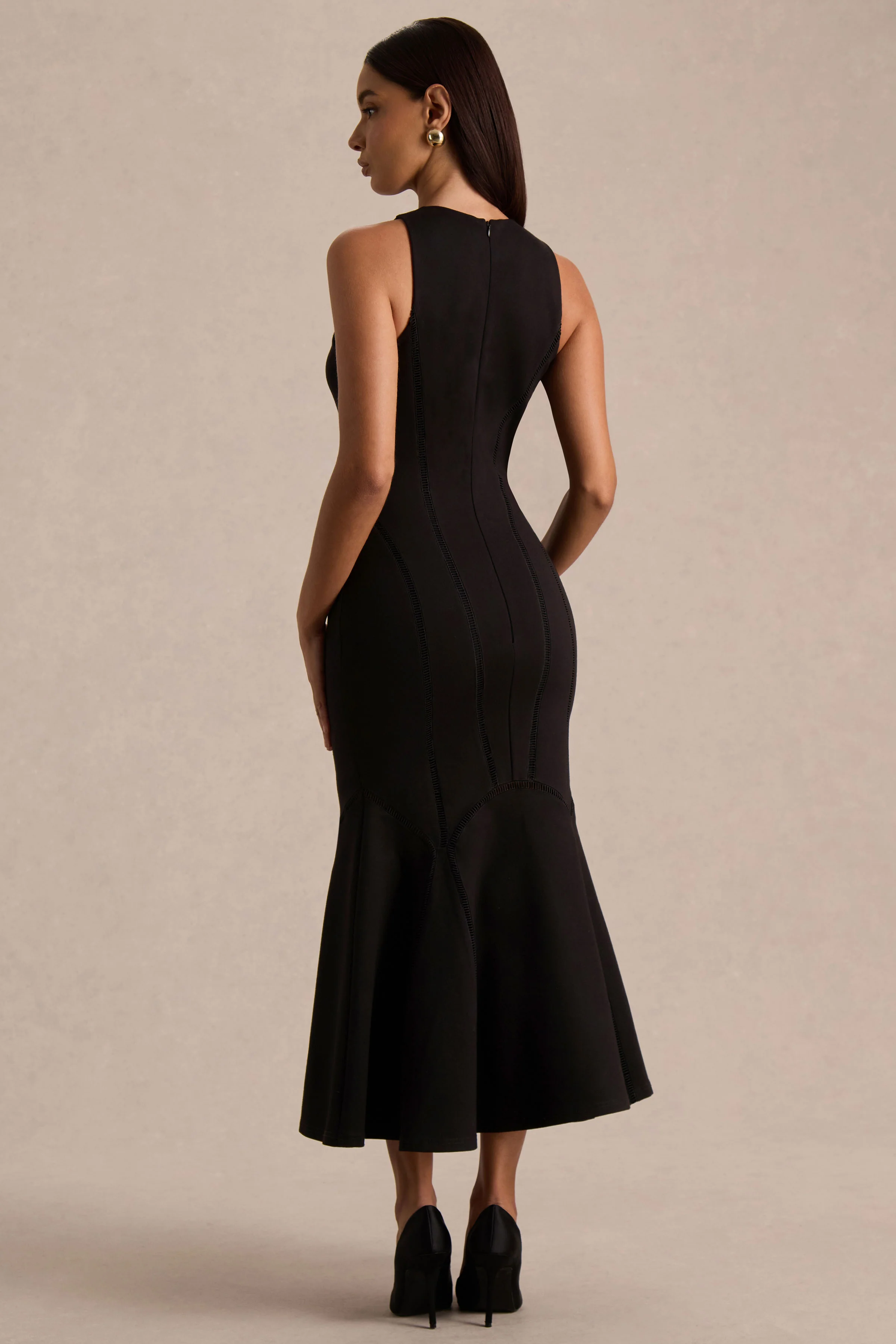 Sally | Black Crew-Neck Midi Dress With Drop Waist And Pleated Detailing - Image 2