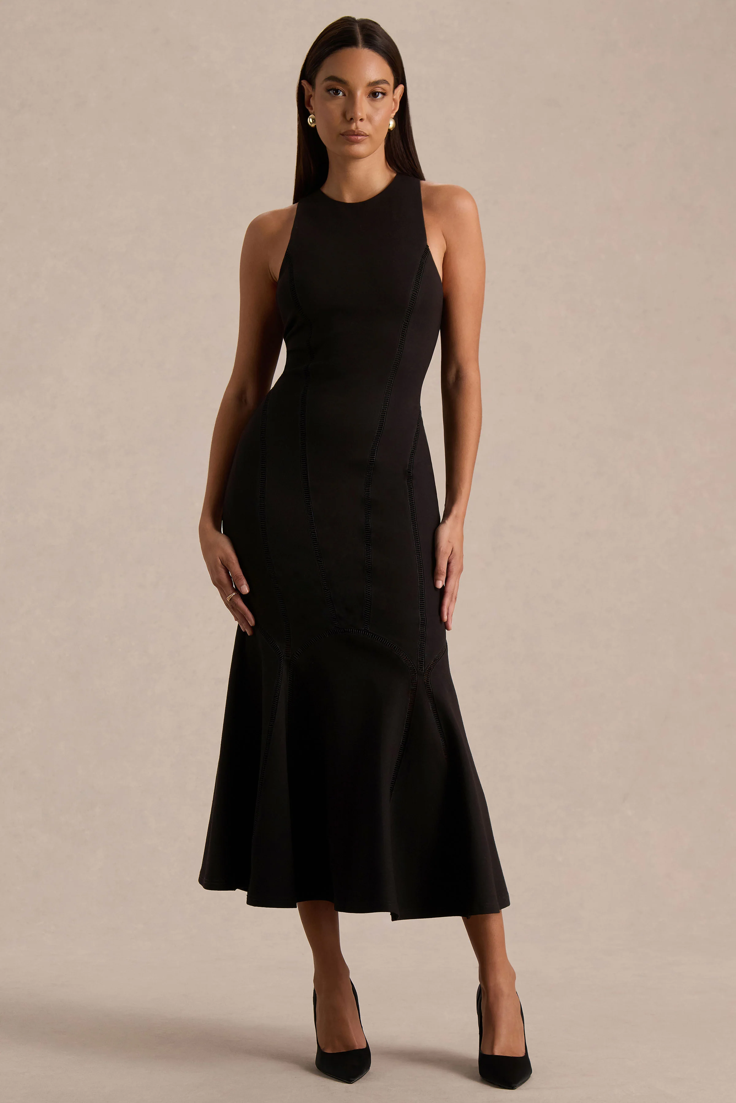 Sally | Black Crew-Neck Midi Dress With Drop Waist And Pleated Detailing - Image 4