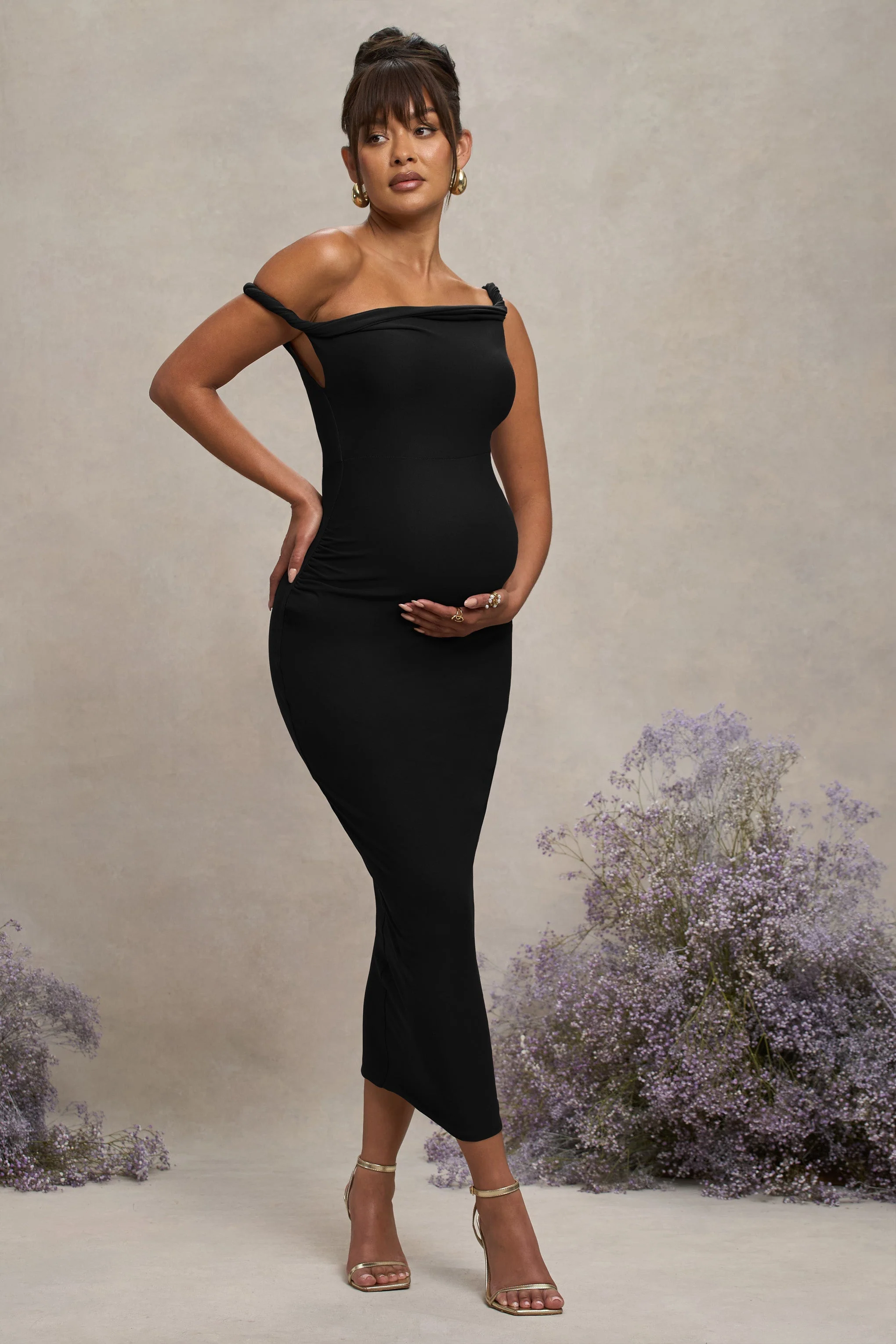 Salome | Black Twisted Asymmetric Maternity Midi Dress - Image 2