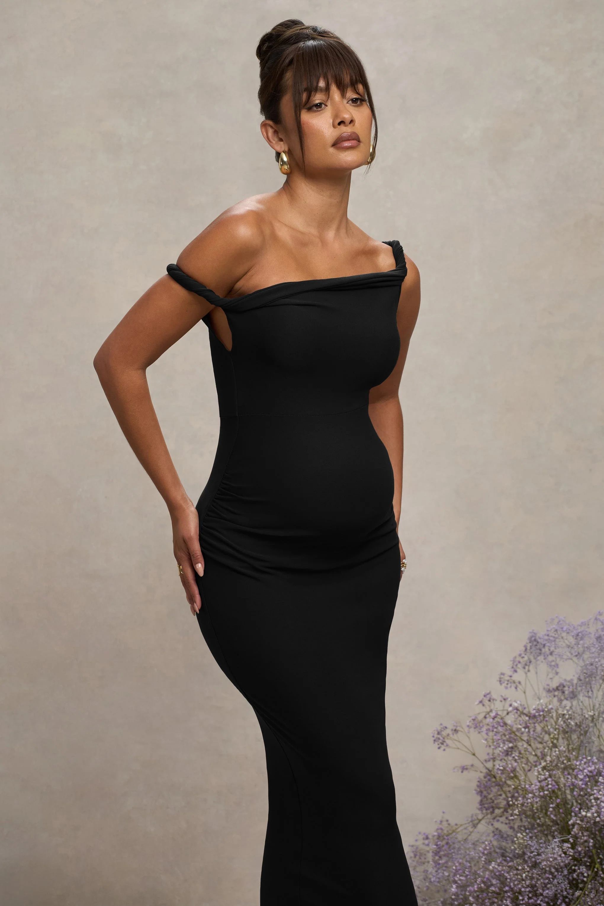 Salome | Black Twisted Asymmetric Maternity Midi Dress - Image 3