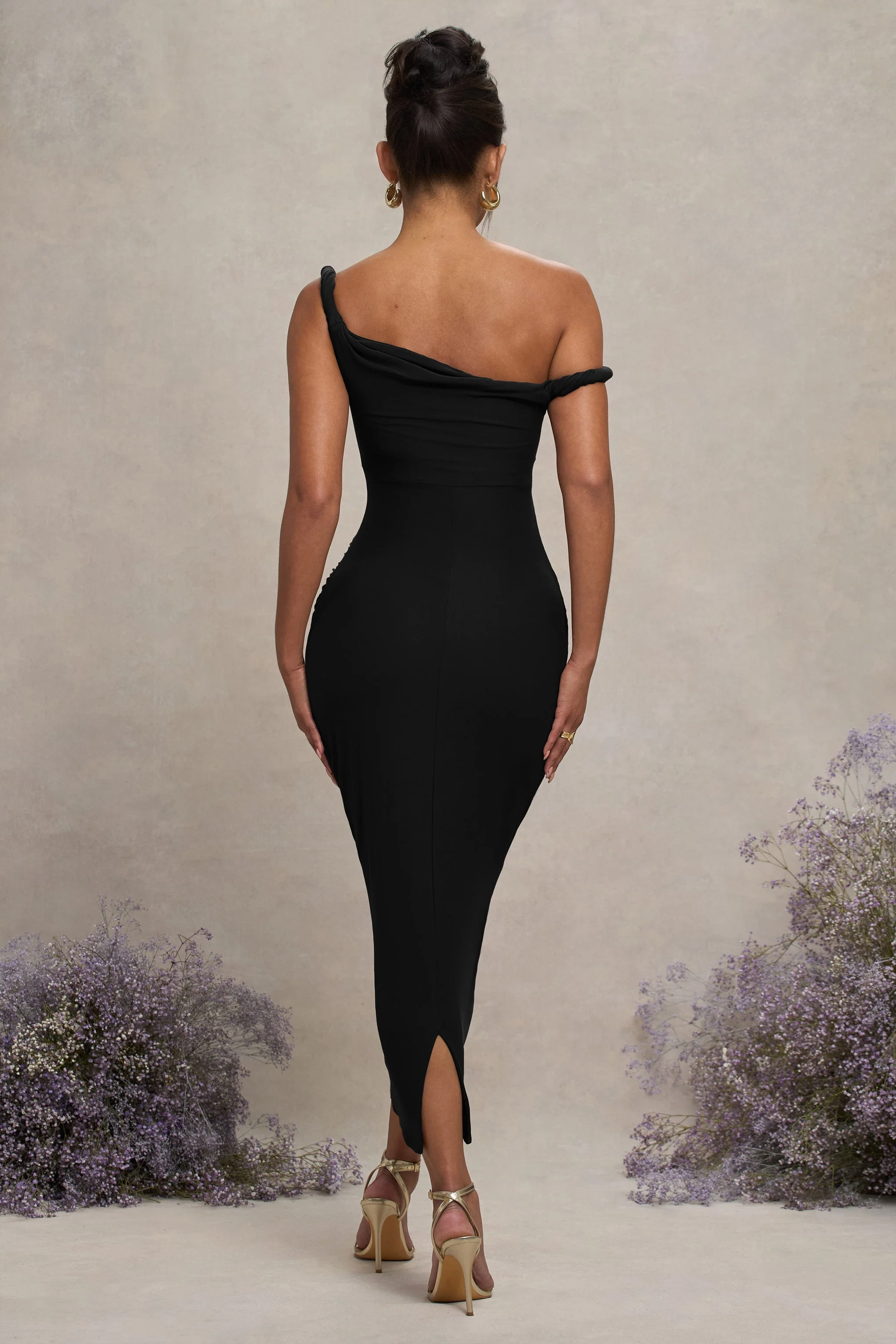 Salome | Black Twisted Asymmetric Maternity Midi Dress - Image 4