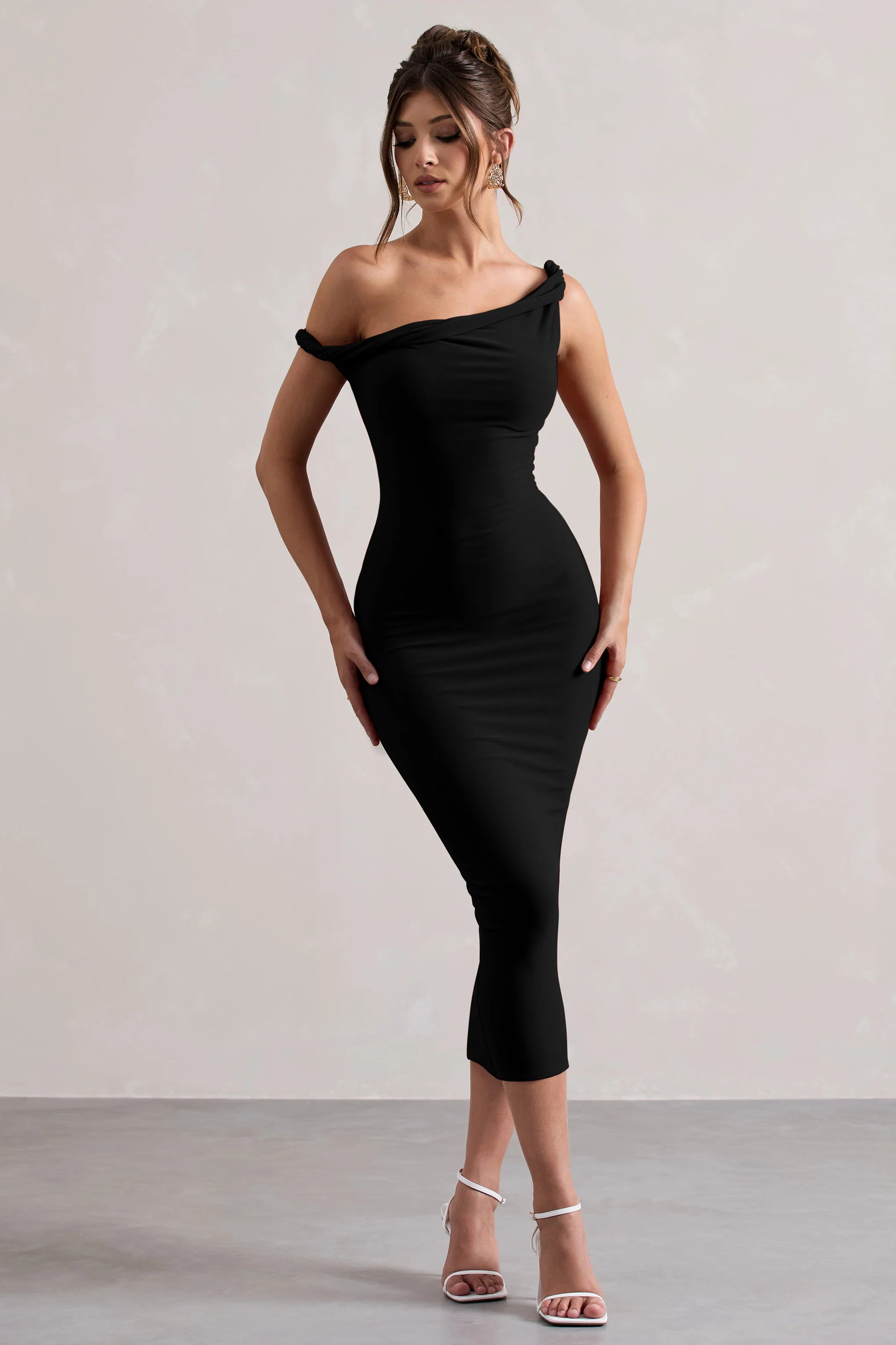 Salome | Black Twisted Asymmetric Midi Dress - Image 5