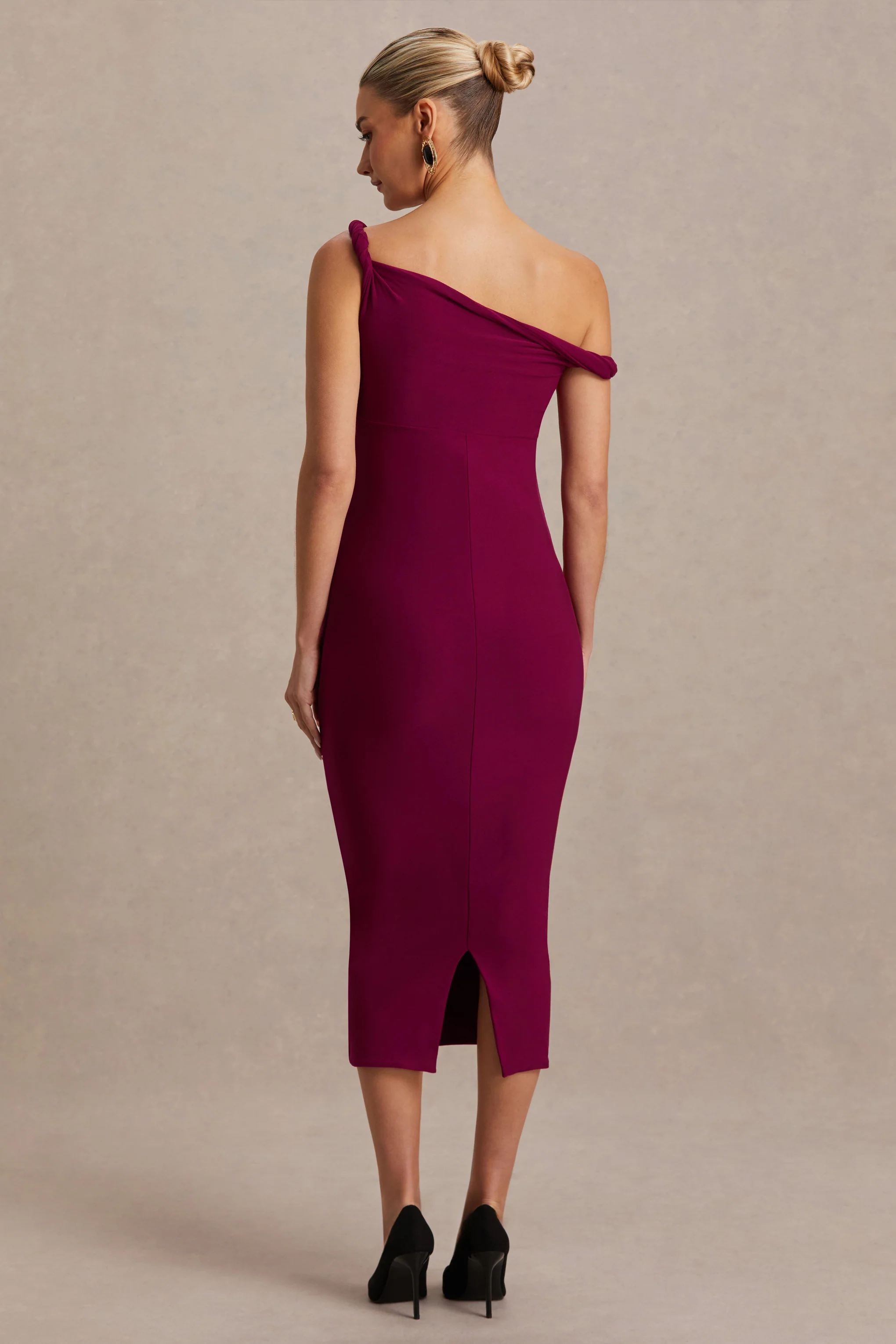 Salome | Burgundy Twisted Asymmetric Maternity Midi Dress - Image 2