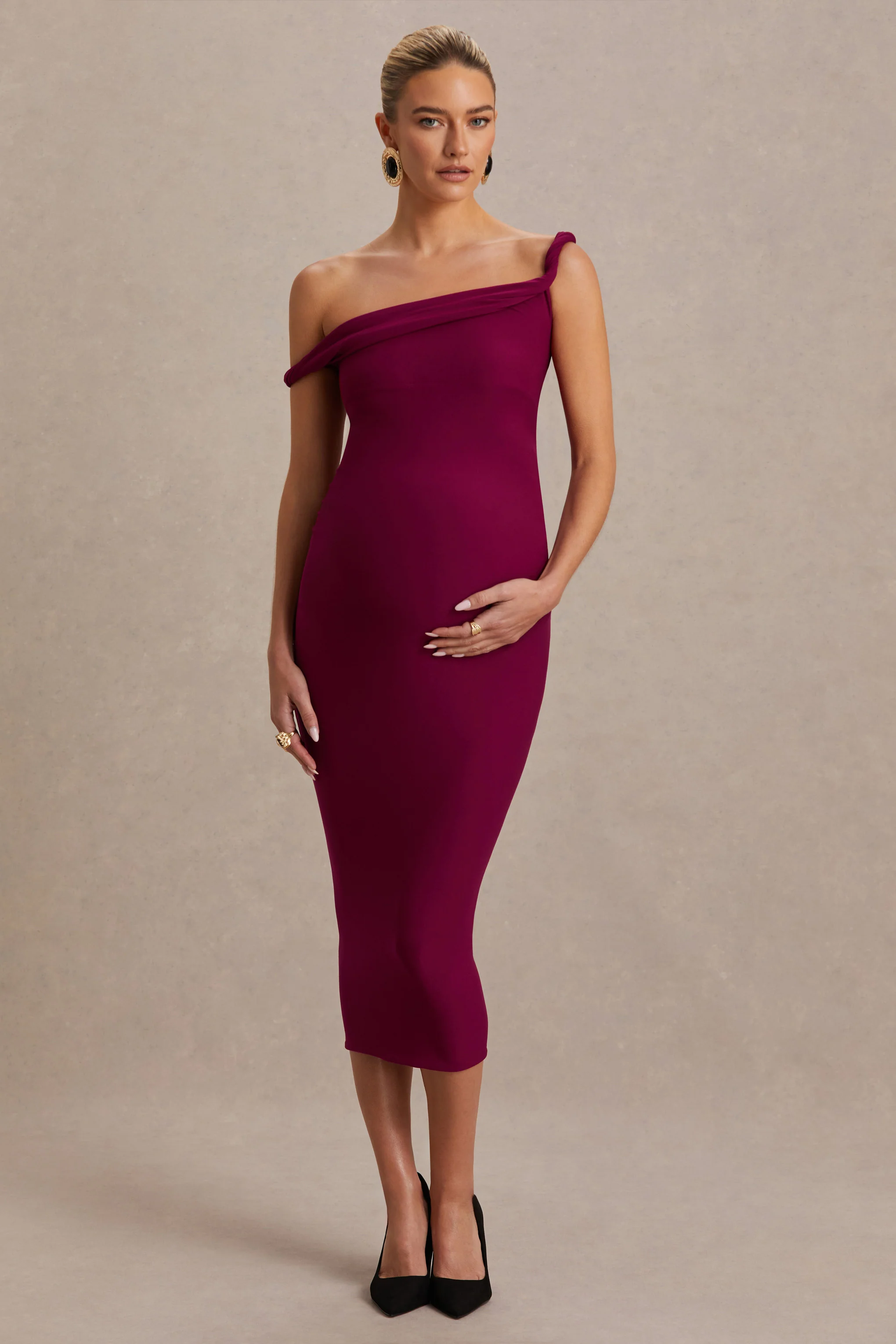 Salome | Burgundy Twisted Asymmetric Maternity Midi Dress - Image 4