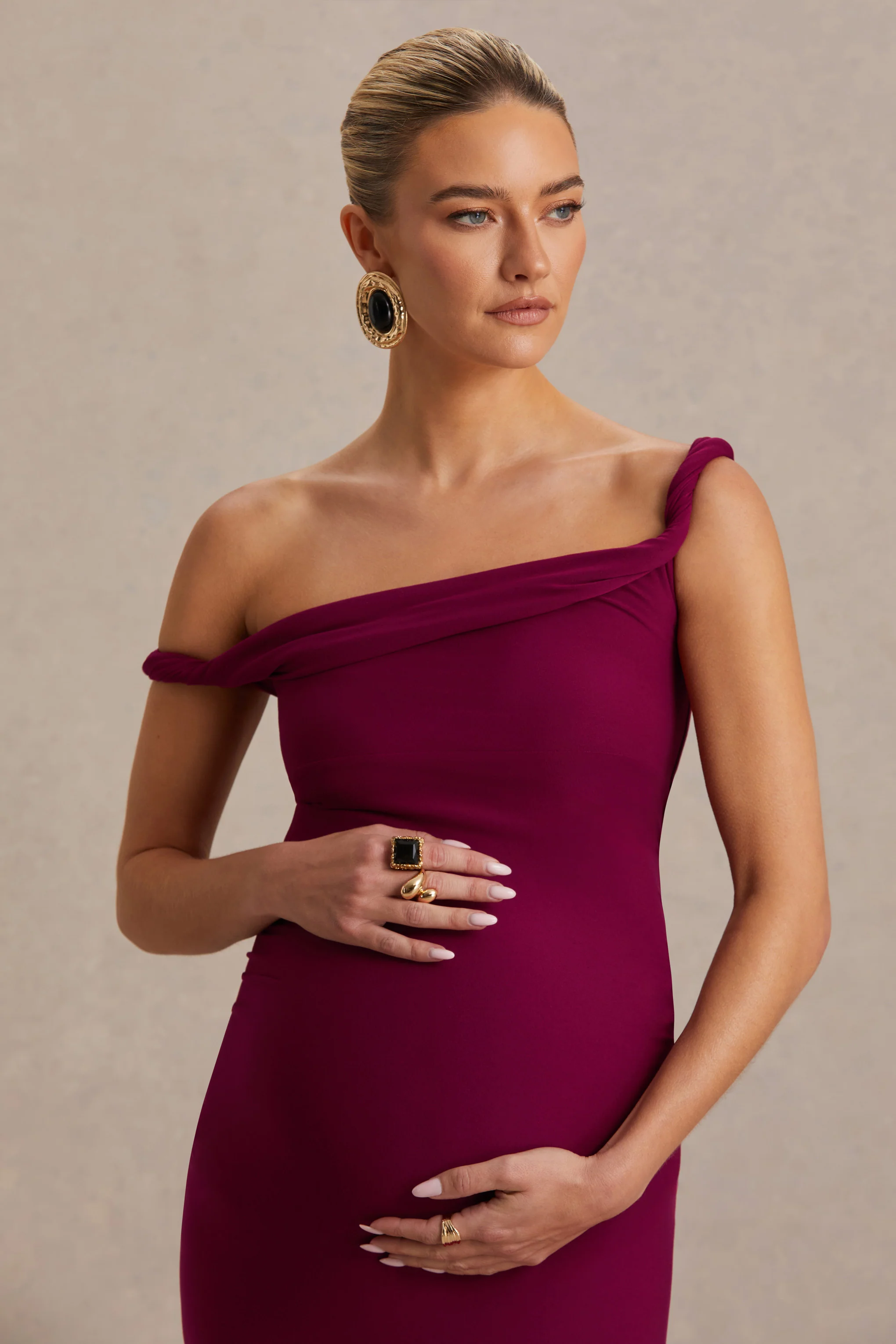 Salome | Burgundy Twisted Asymmetric Maternity Midi Dress - Image 6