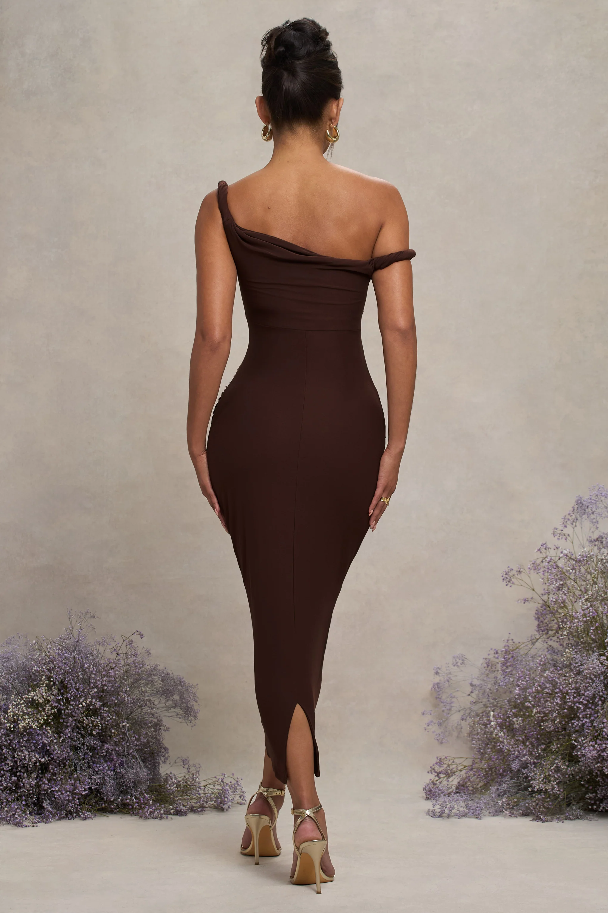 Salome | Chocolate Brown Twisted Asymmetric Maternity Midi Dress - Image 2