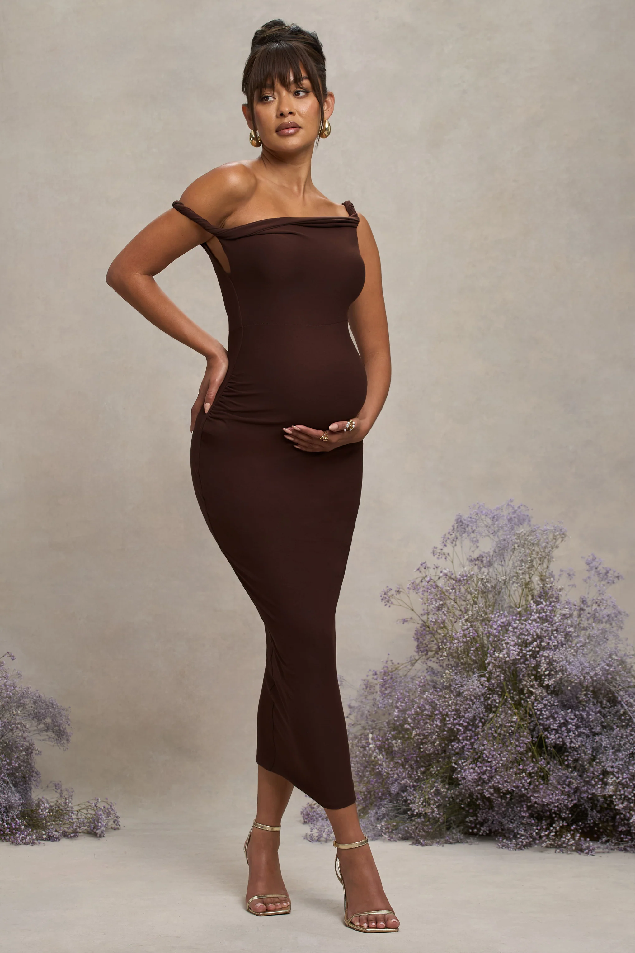 Salome | Chocolate Brown Twisted Asymmetric Maternity Midi Dress - Image 5