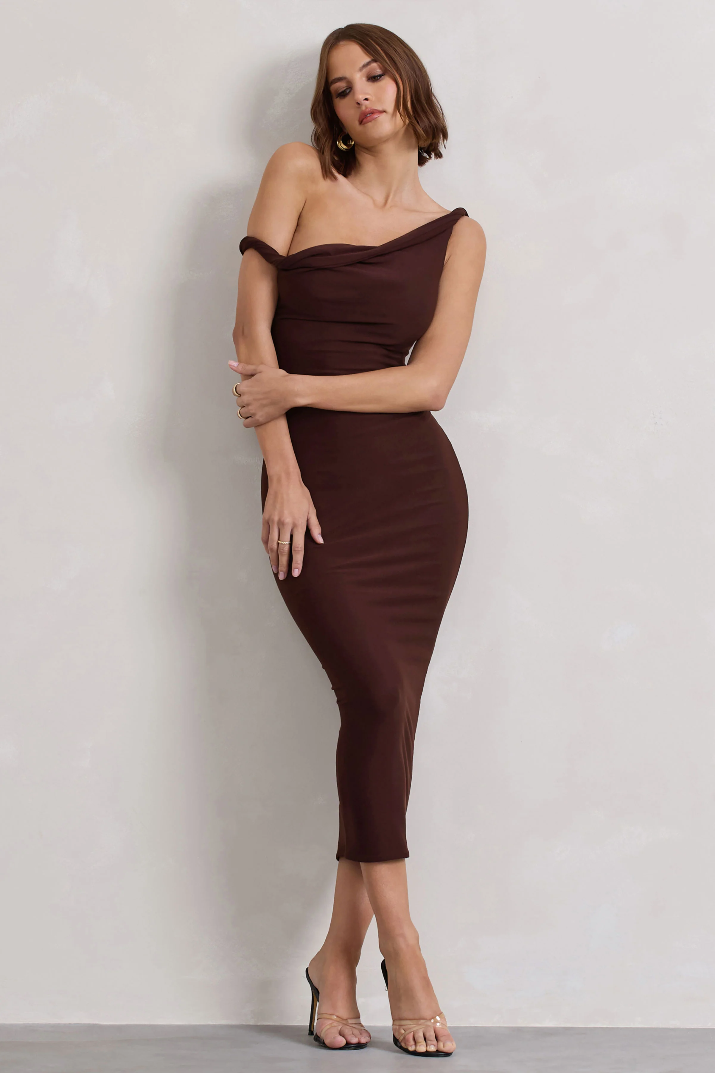 Salome | Chocolate Brown Twisted Asymmetric Midi Dress - Image 4