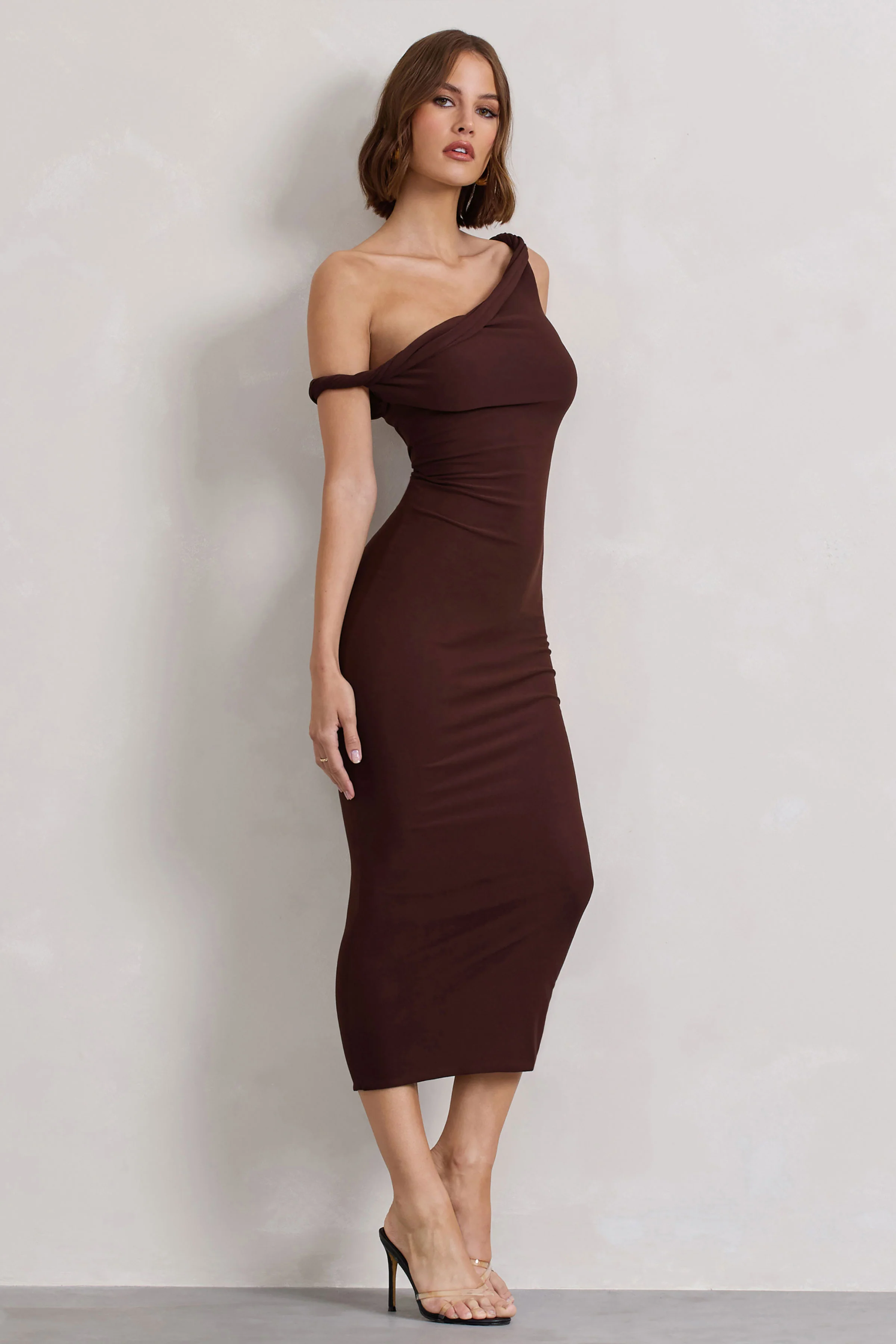 Salome | Chocolate Brown Twisted Asymmetric Midi Dress - Image 5