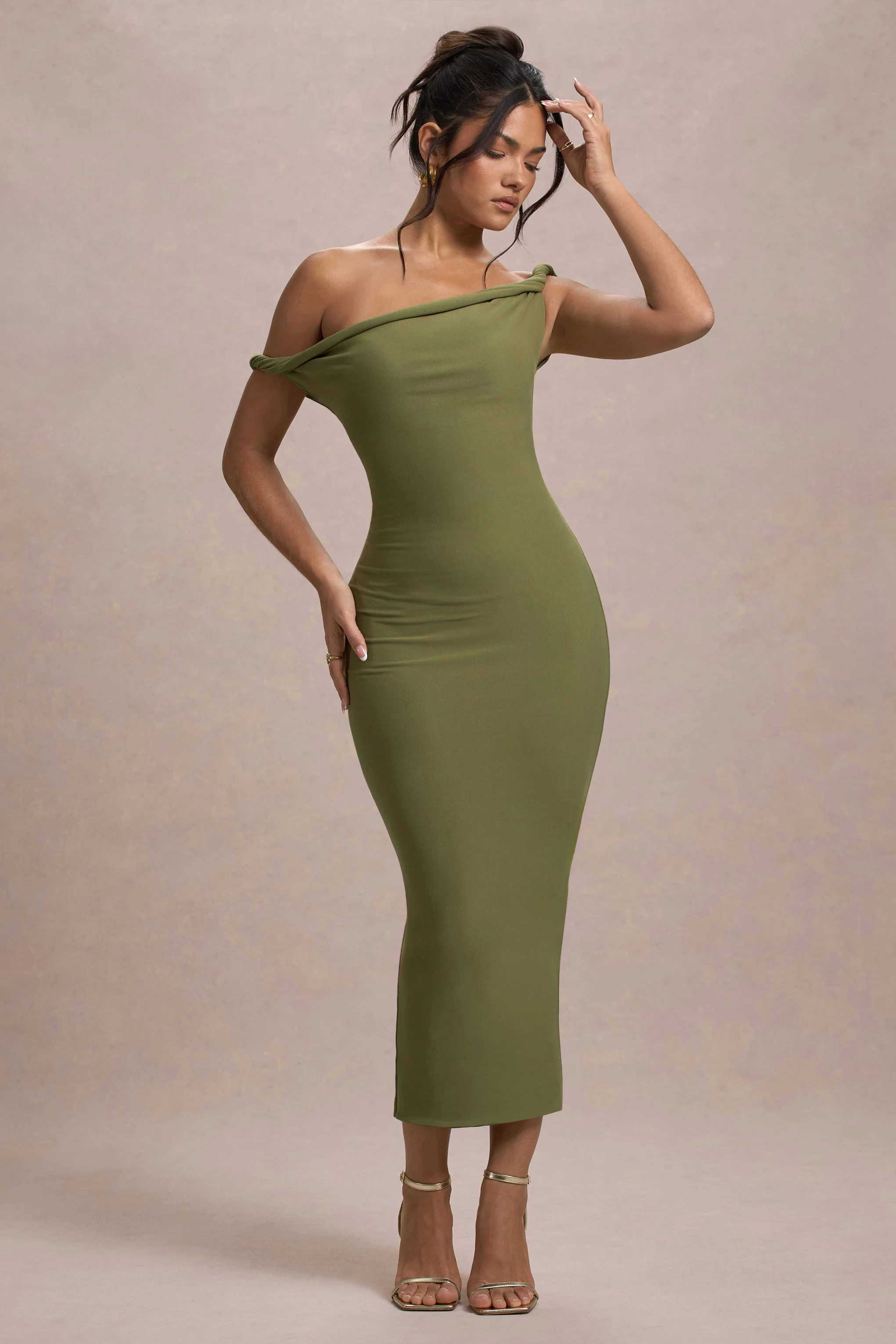 Salome | Olive Twisted Asymmetric Midi Dress - Image 4