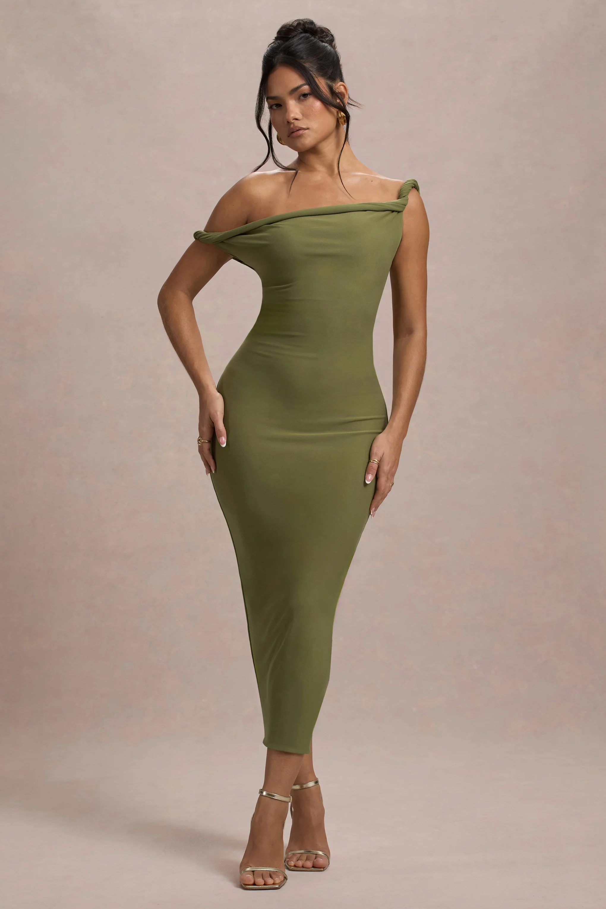Salome | Olive Twisted Asymmetric Midi Dress - Image 5