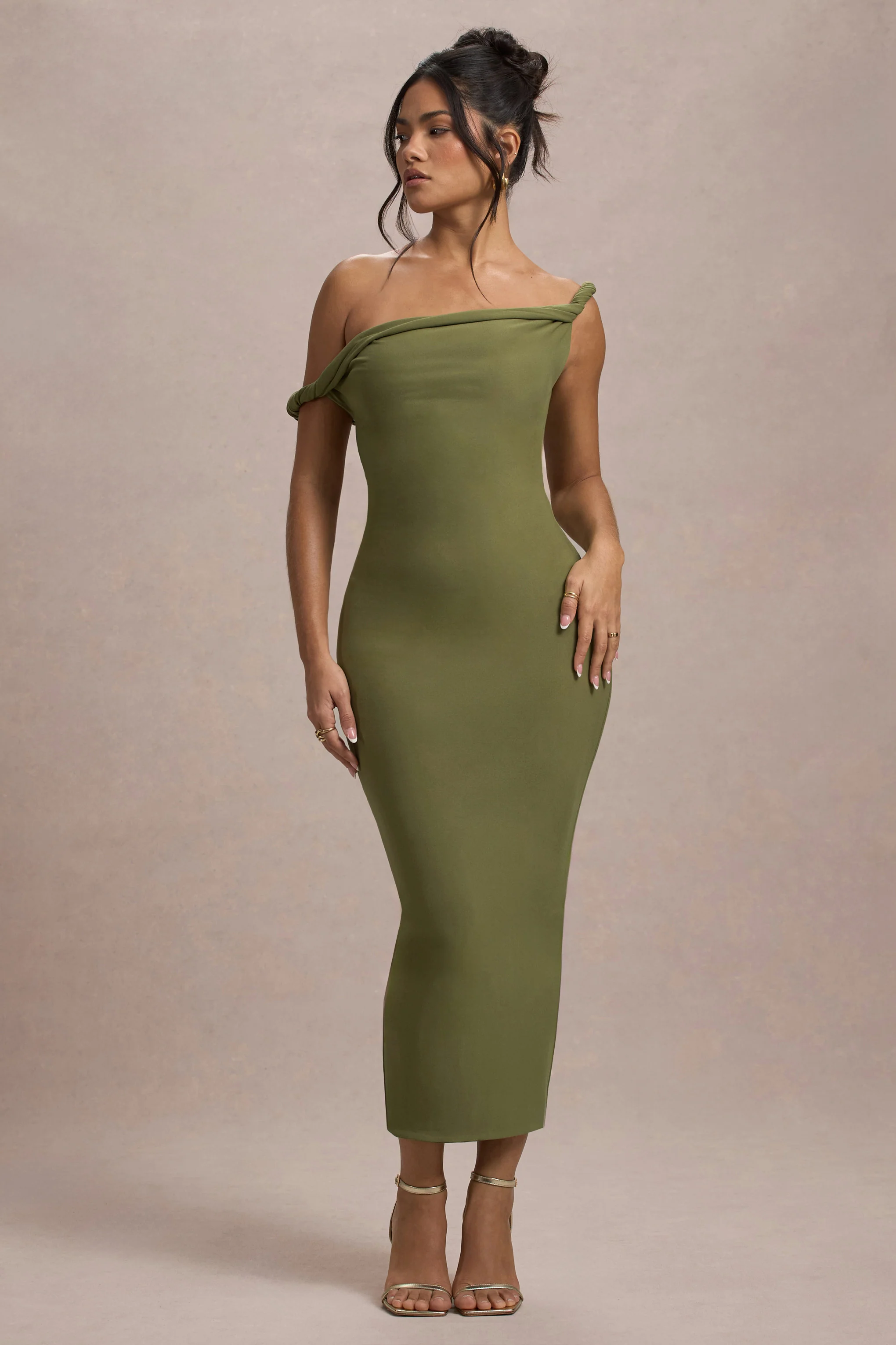 Salome | Olive Twisted Asymmetric Midi Dress - Image 6