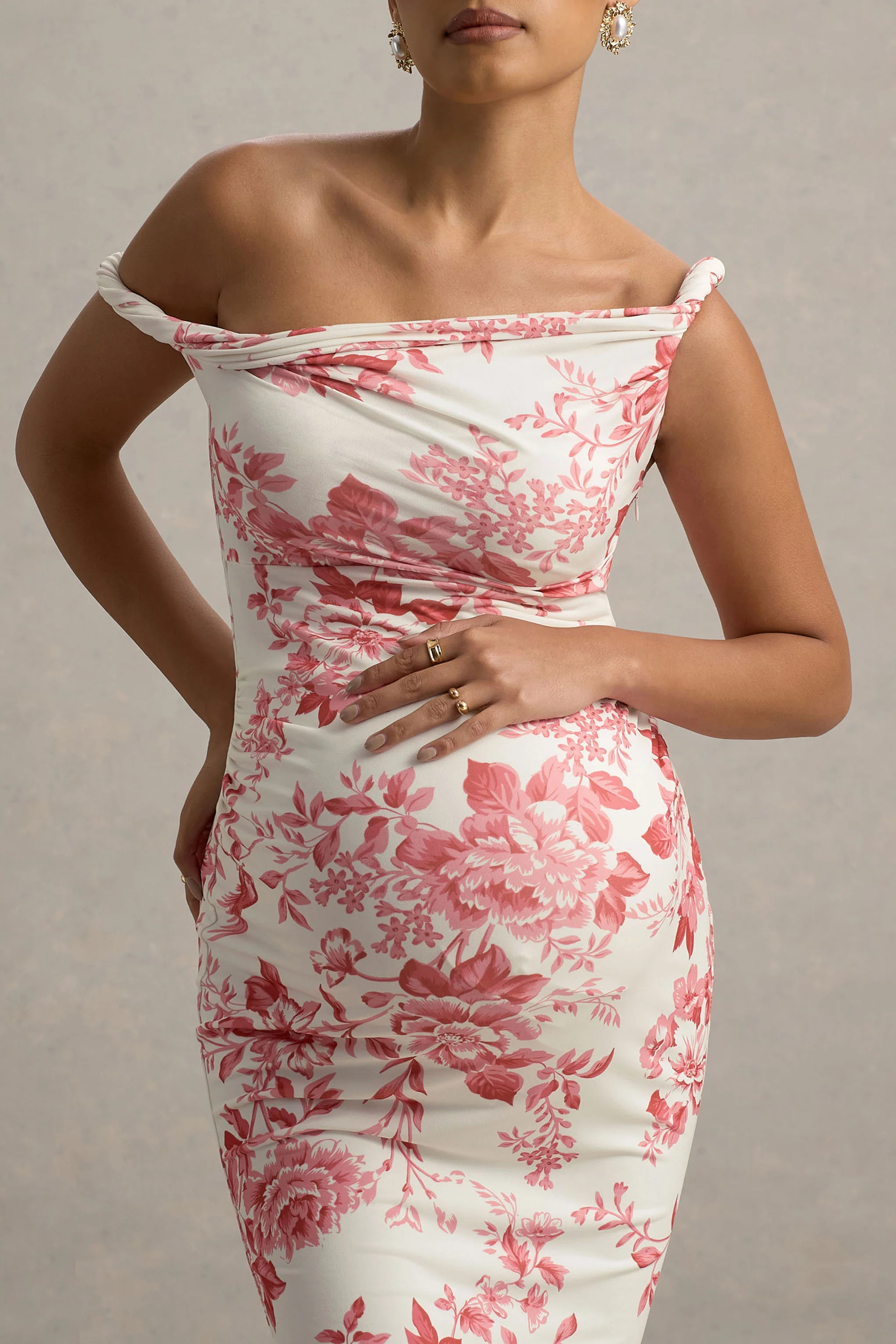 Salome | Pink Floral Print Twisted Asymmetric Maternity Midi Dress - Image 3