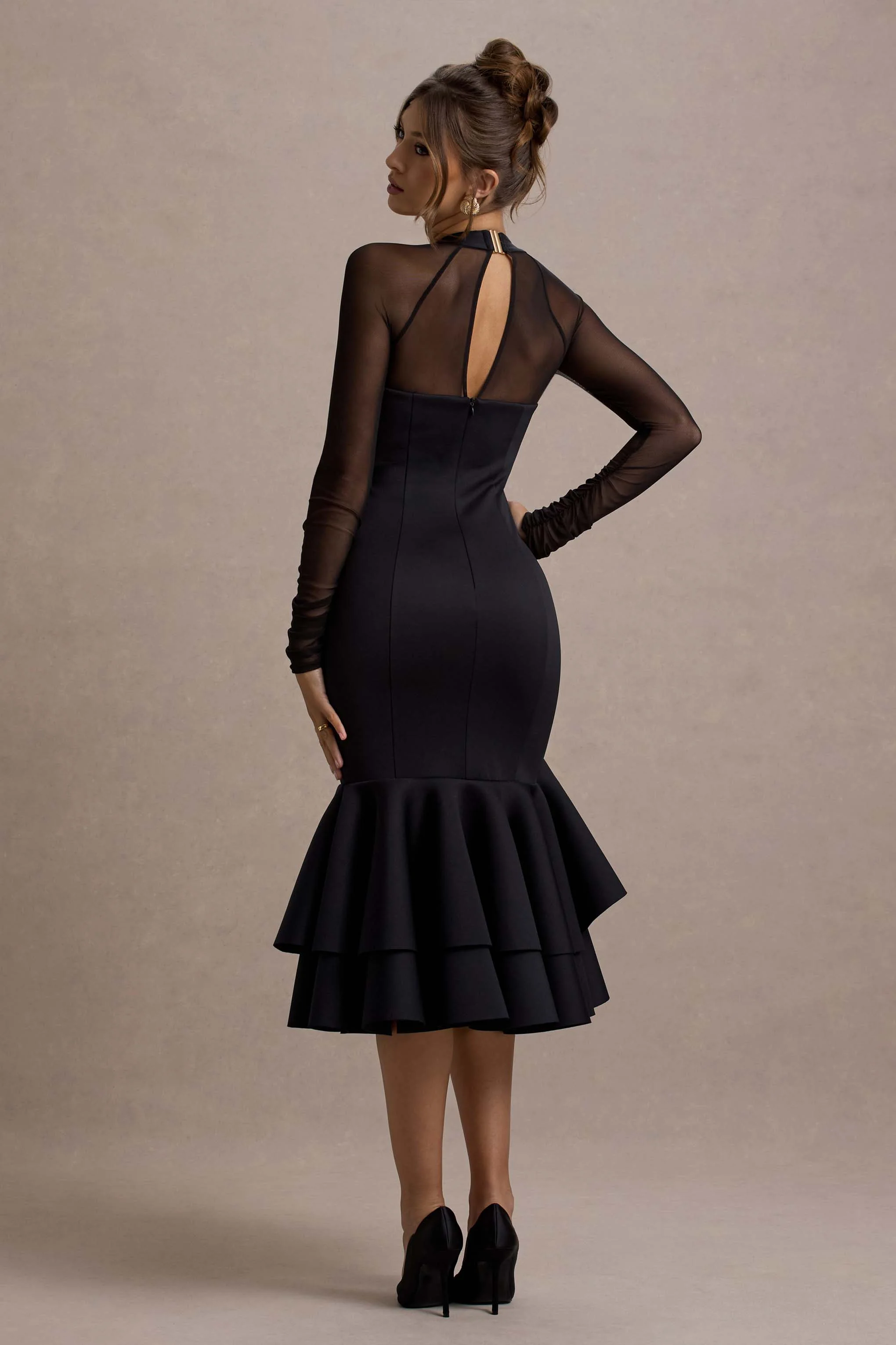 Sander | Black Mesh Long-Sleeve Ruffle-Hem Midi Dress - Image 2