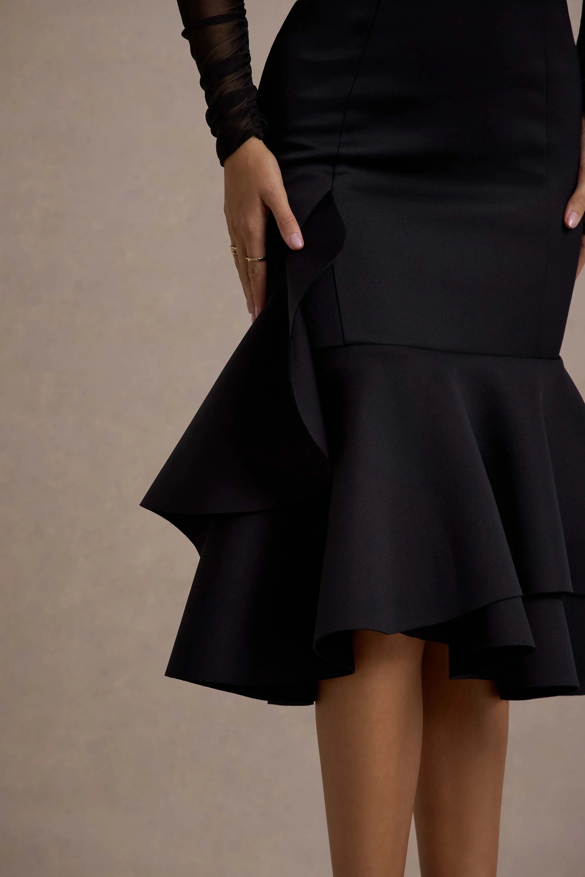 Sander | Black Mesh Long-Sleeve Ruffle-Hem Midi Dress - Image 6