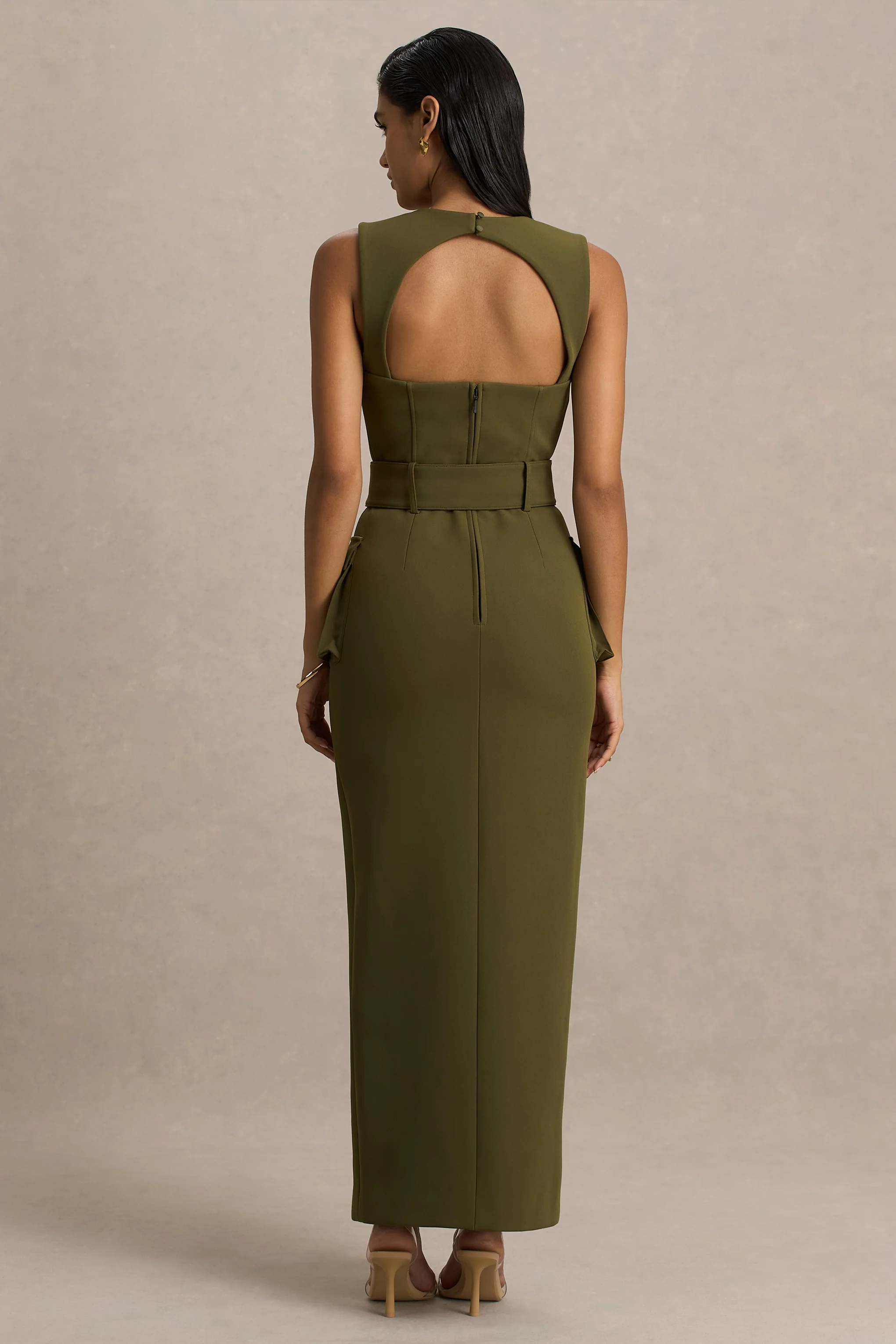 Sandra | Olive Square-Neck Tailored Maxi Dress With Front-High Split - Image 3