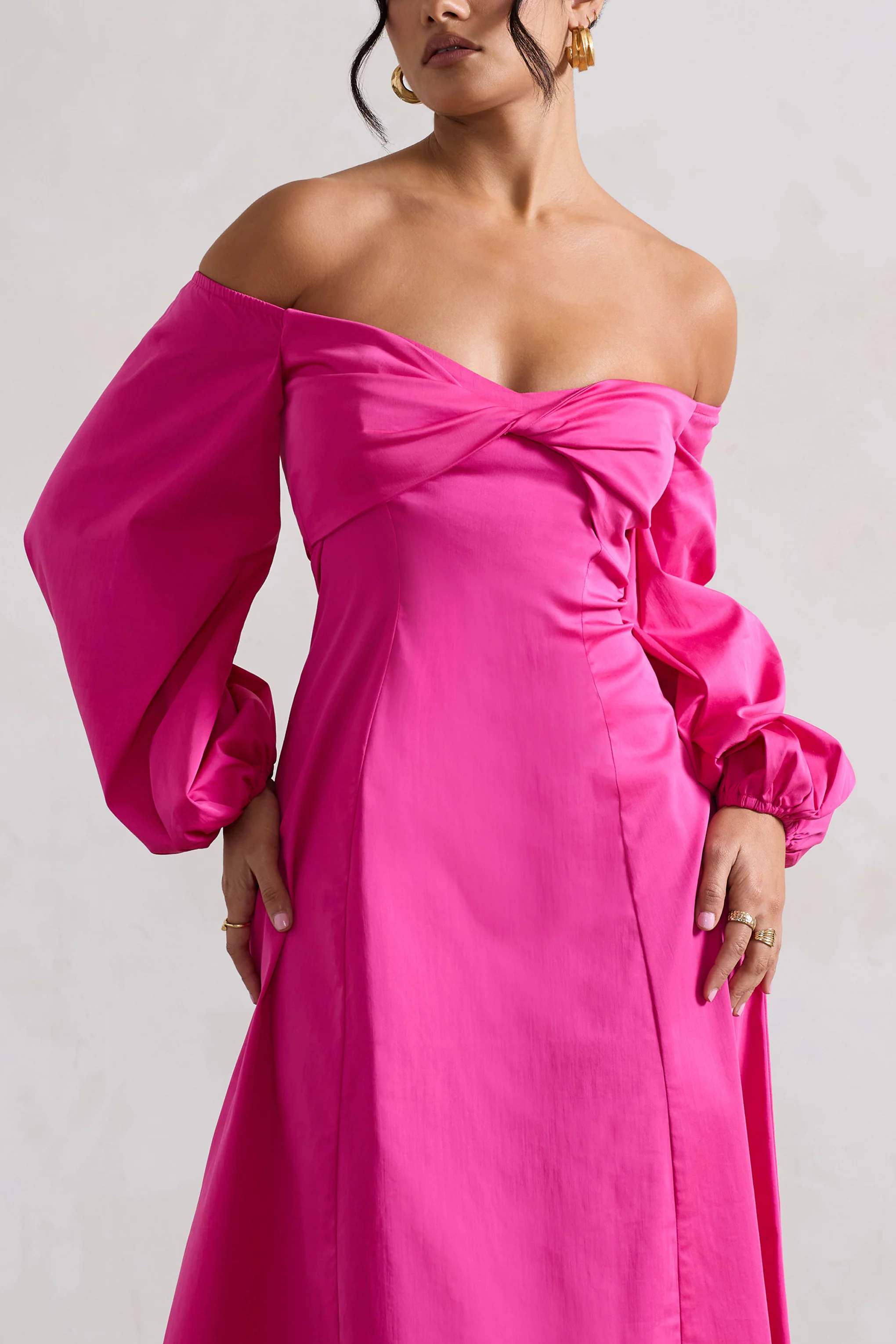 Santino | Hot Pink Twisted Bardot Puff-Sleeve Midi Dress - Image 3