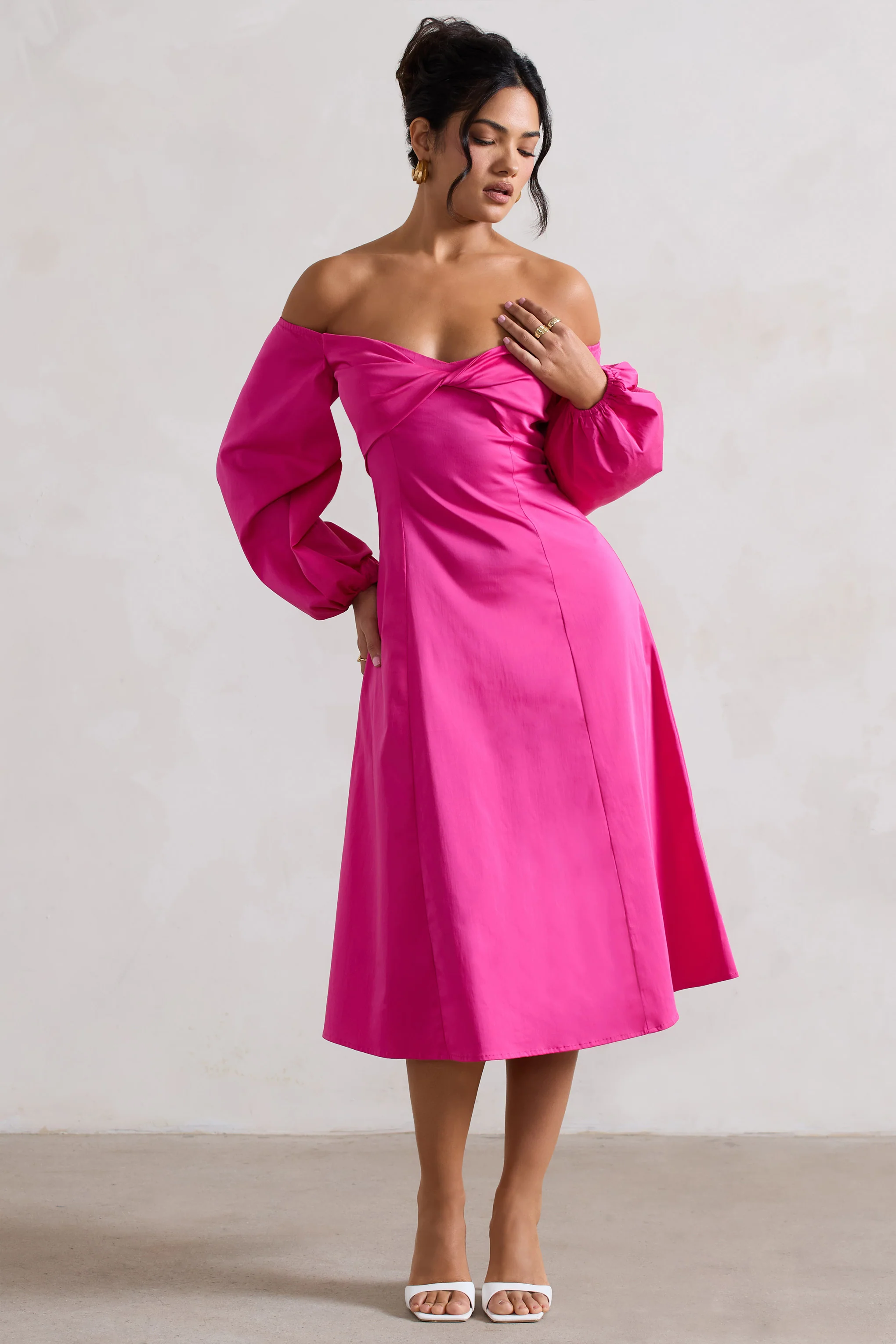 Santino | Hot Pink Twisted Bardot Puff-Sleeve Midi Dress - Image 4