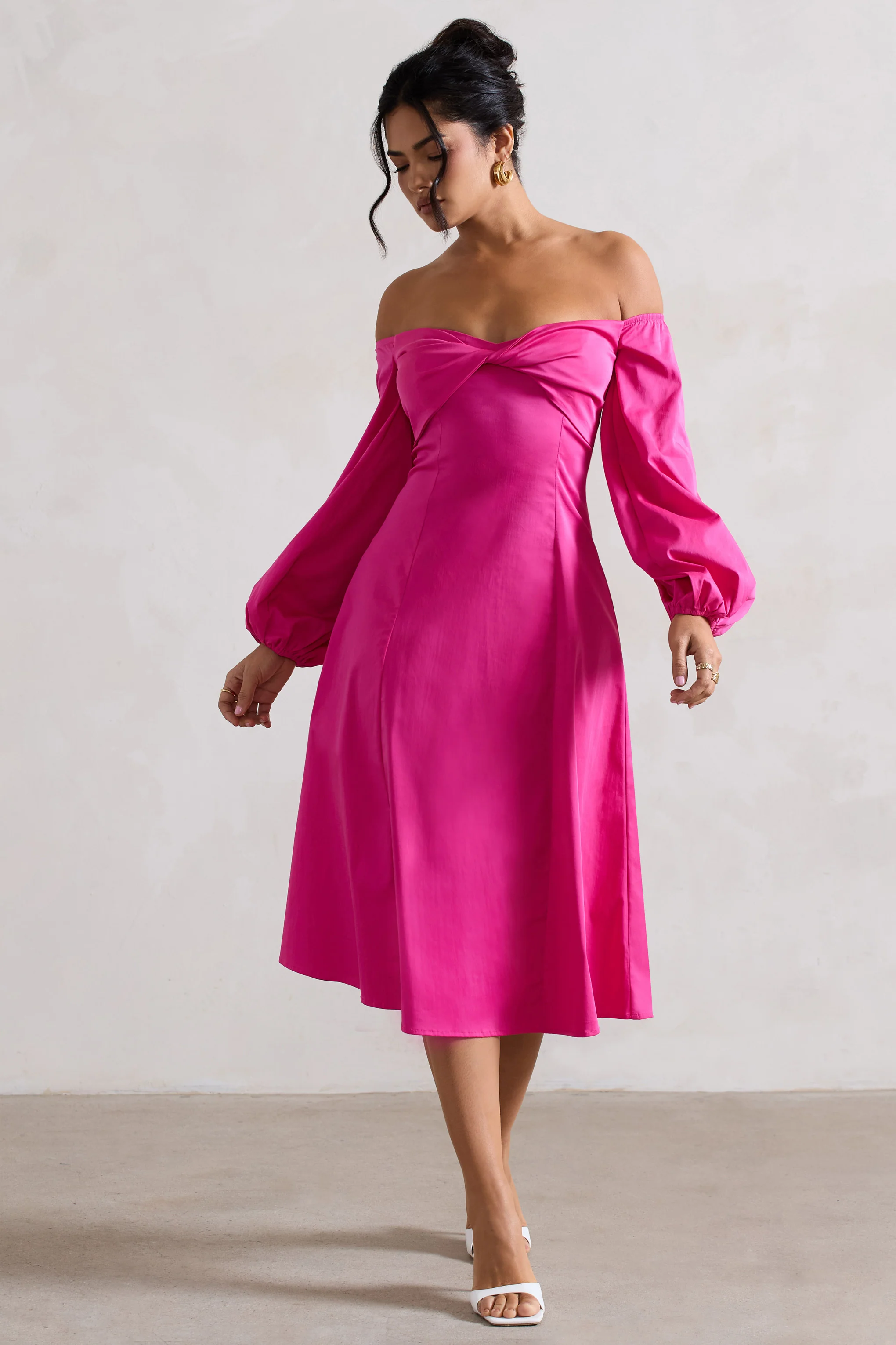 Santino | Hot Pink Twisted Bardot Puff-Sleeve Midi Dress - Image 5
